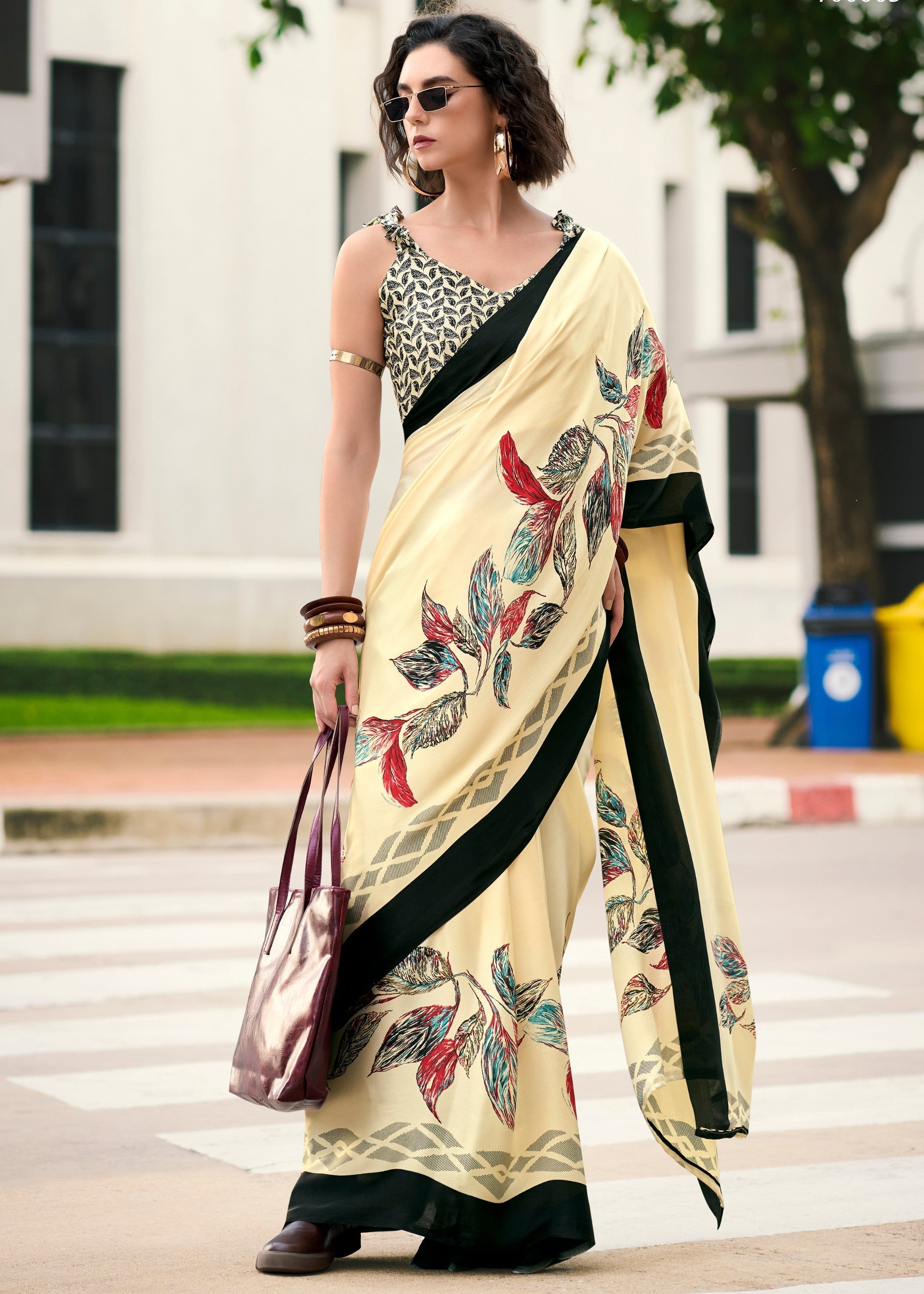 Blonde Yellow Printed Satin Silk Saree - qivii