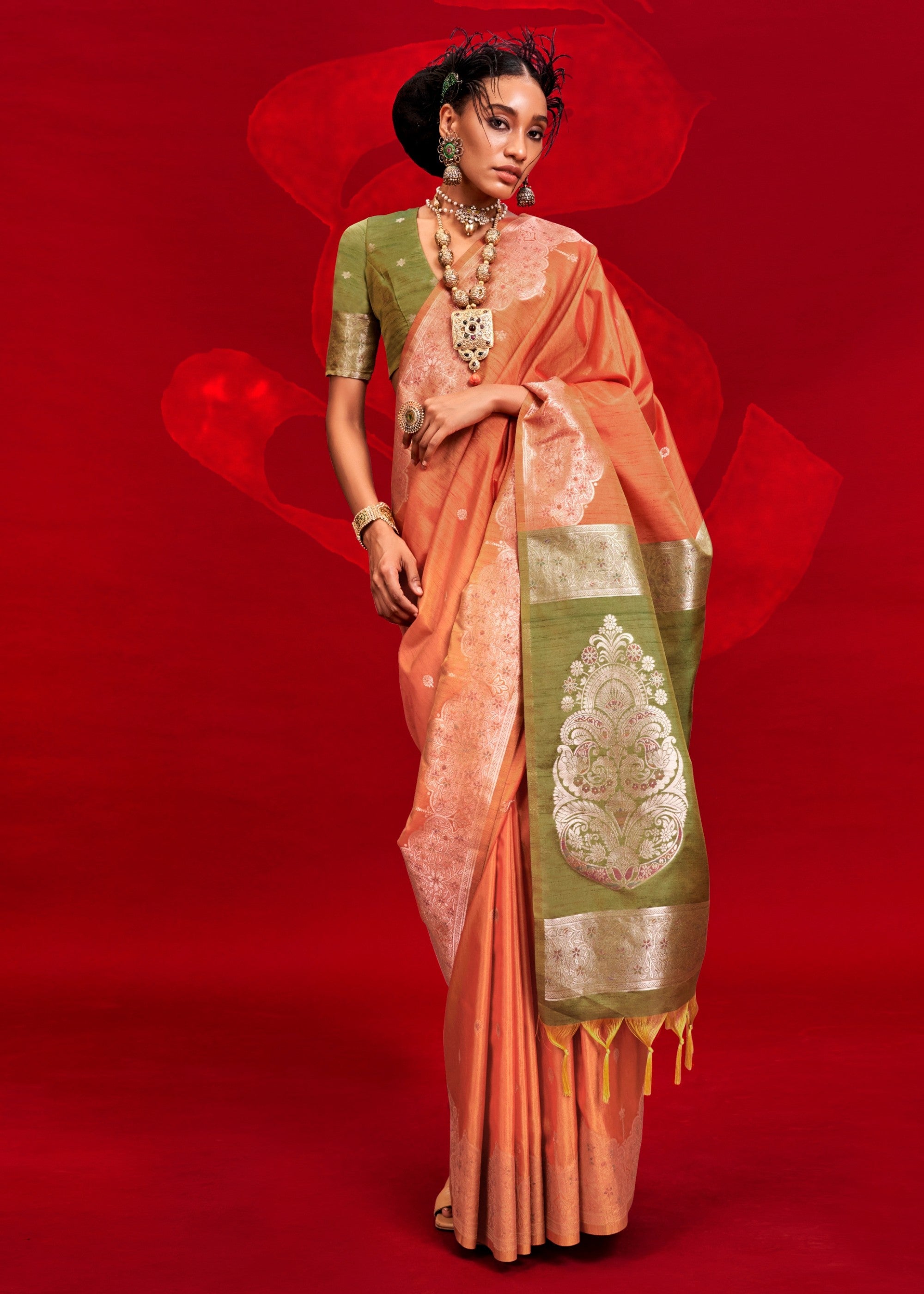 Orange Tussar Silk Handloom Weaving Saree with Contrast Ikkat Pallu - qivii