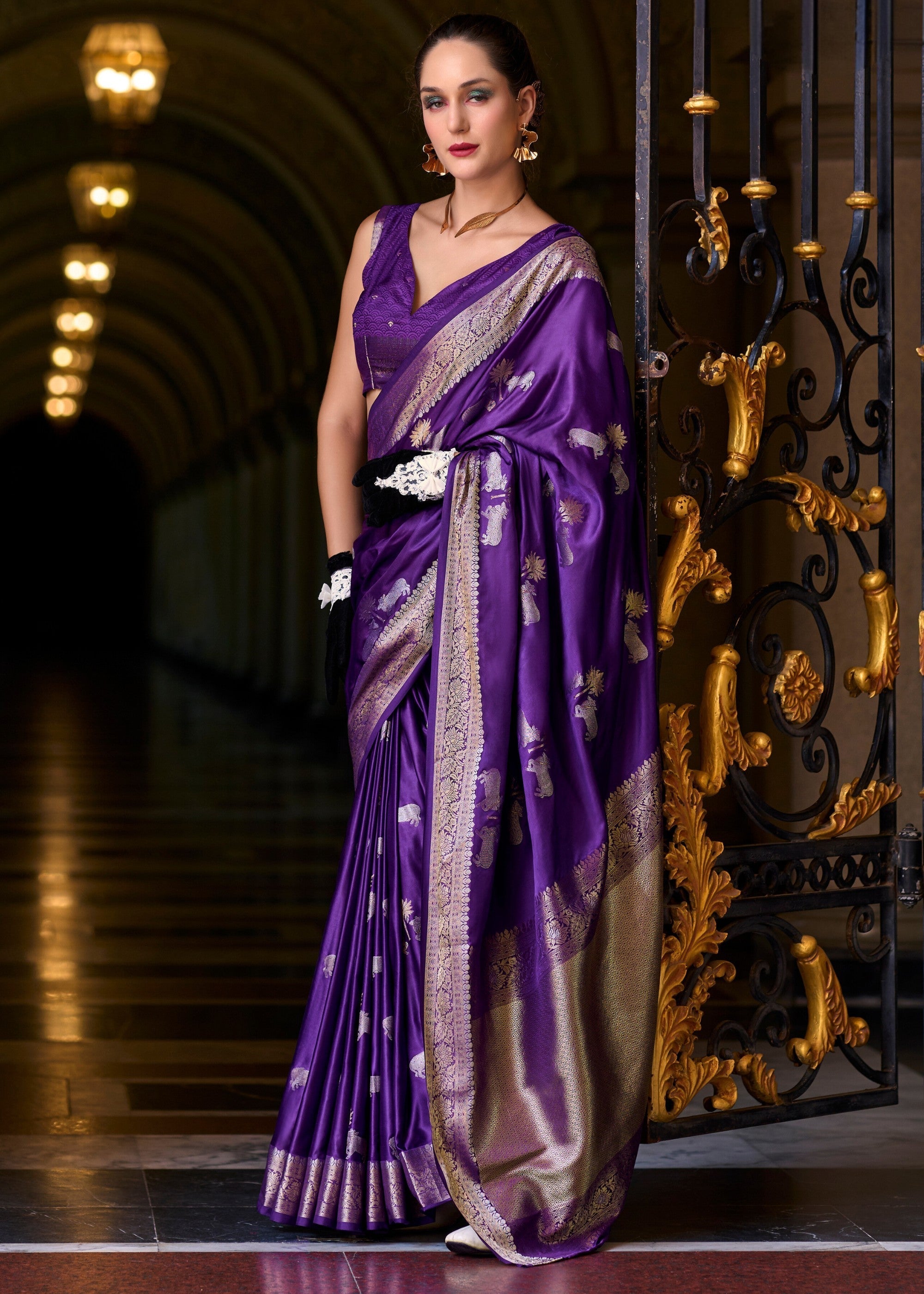 Indigo Purple Satin Mungha Silk Saree : Top Pick - qivii