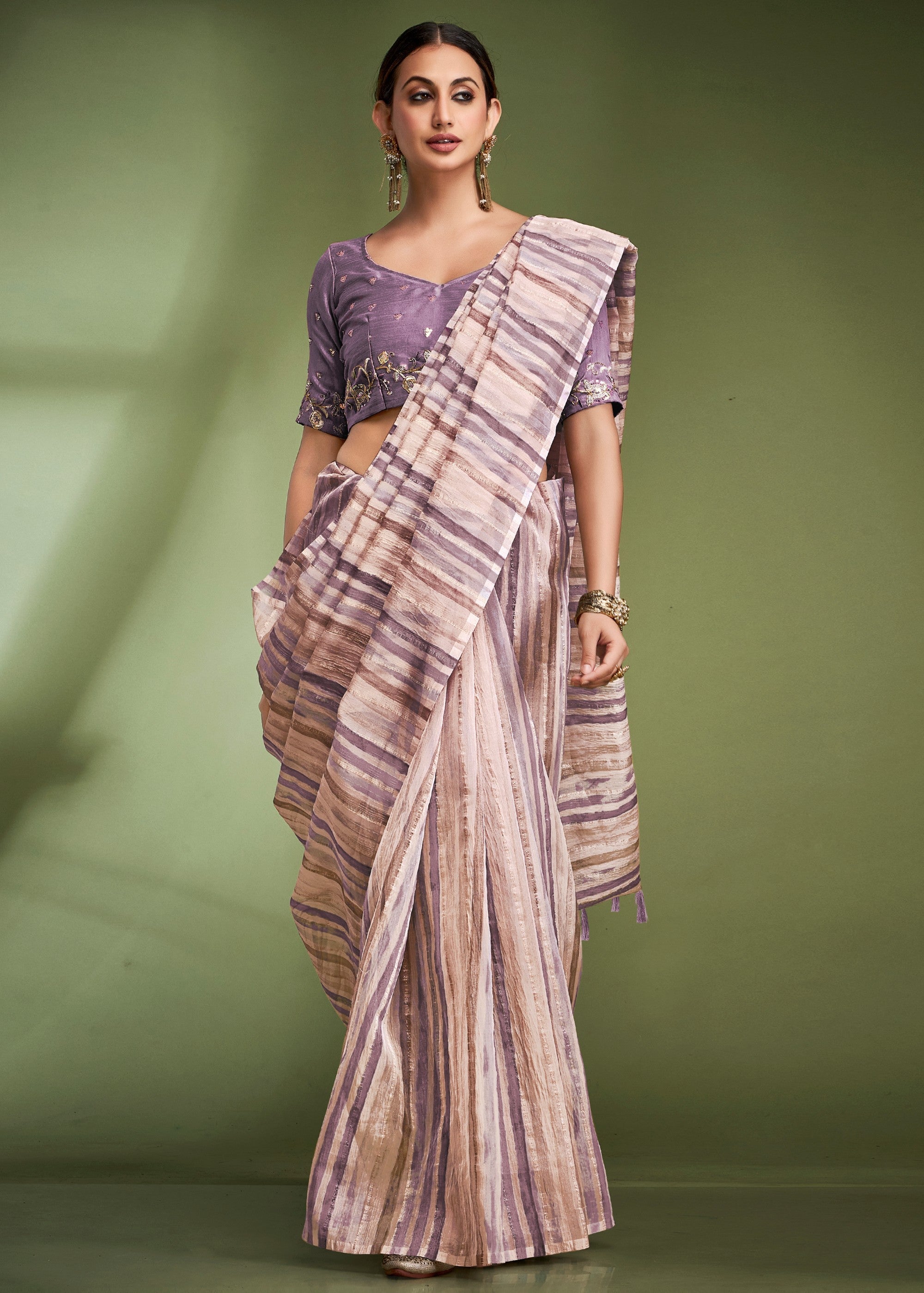 Periwinkle Purple Tissue Based Fancy Silk Saree With Designer Blouse - qivii