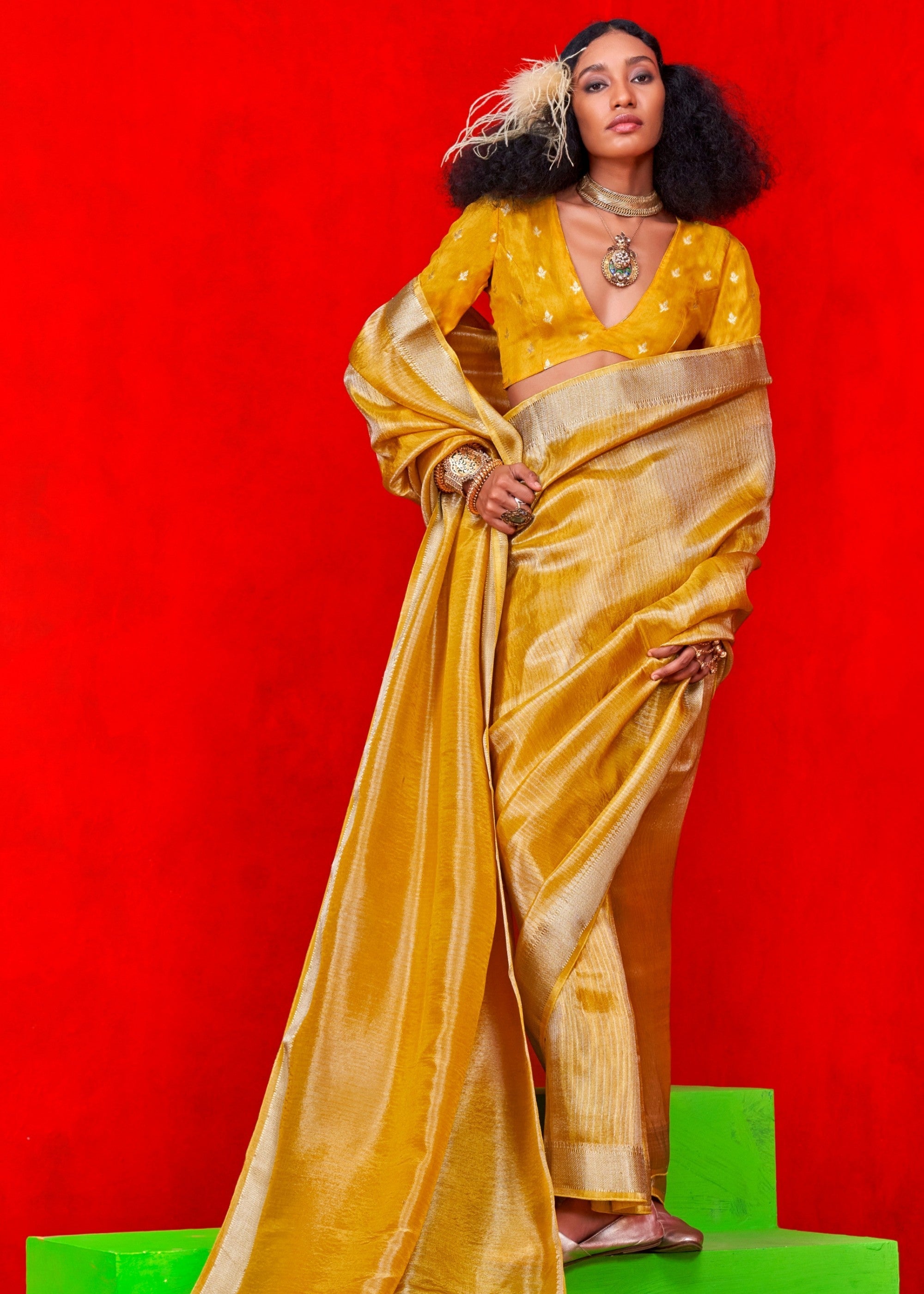 Mustard Pure Viscose Zari Tissue Saree - qivii
