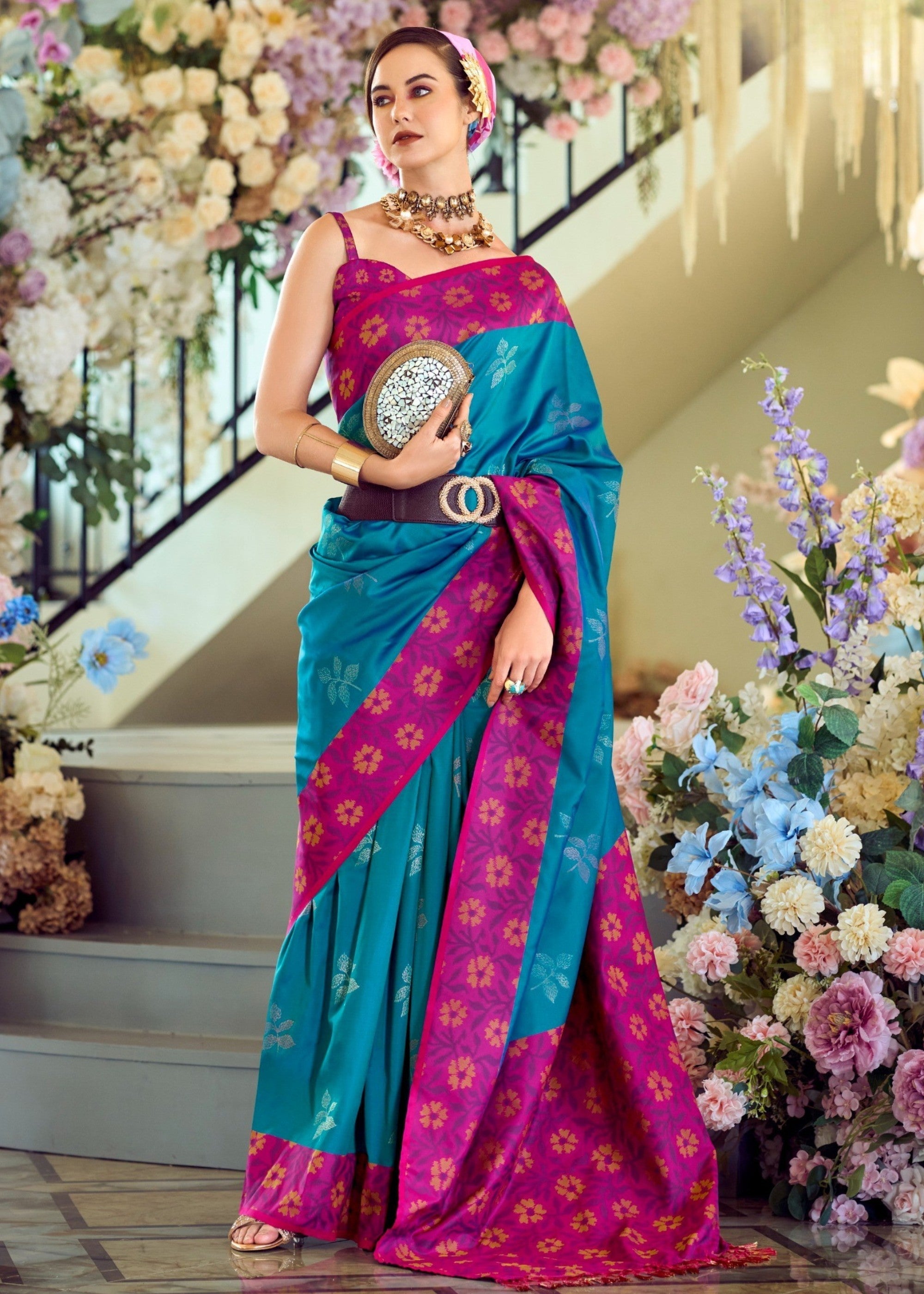 Dodger Blue Soft Silk Saree With Ikkat Border - qivii