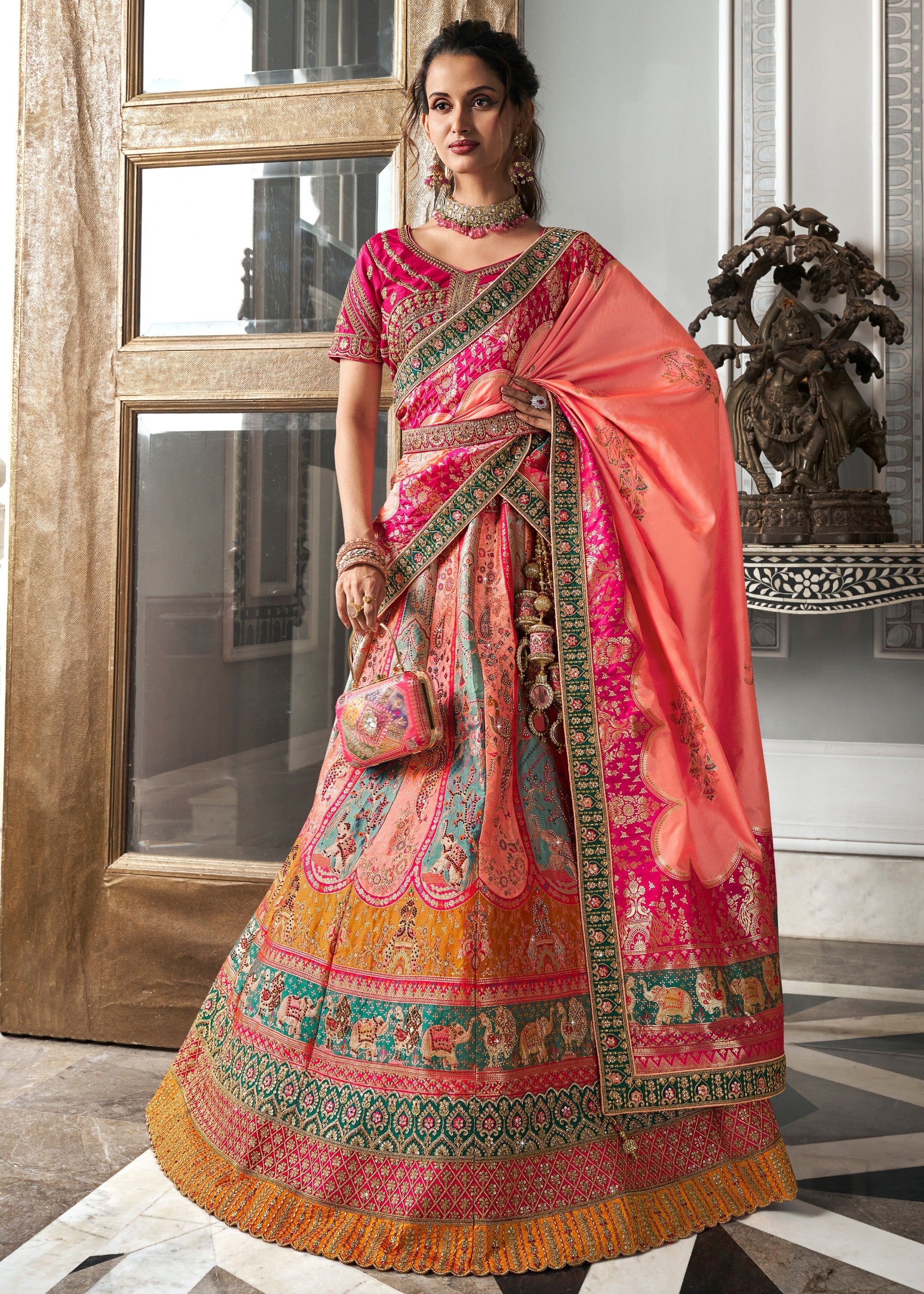 Peach & Pink Banarasi Silk Lehenga with Zarkan Codding work | Ready To Wear - qivii