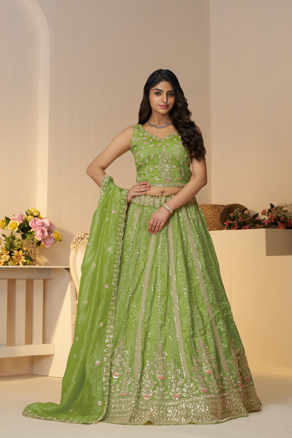 Mehendi Function Lehenga with Sequin and Cut Dana Work for Brides - qivii