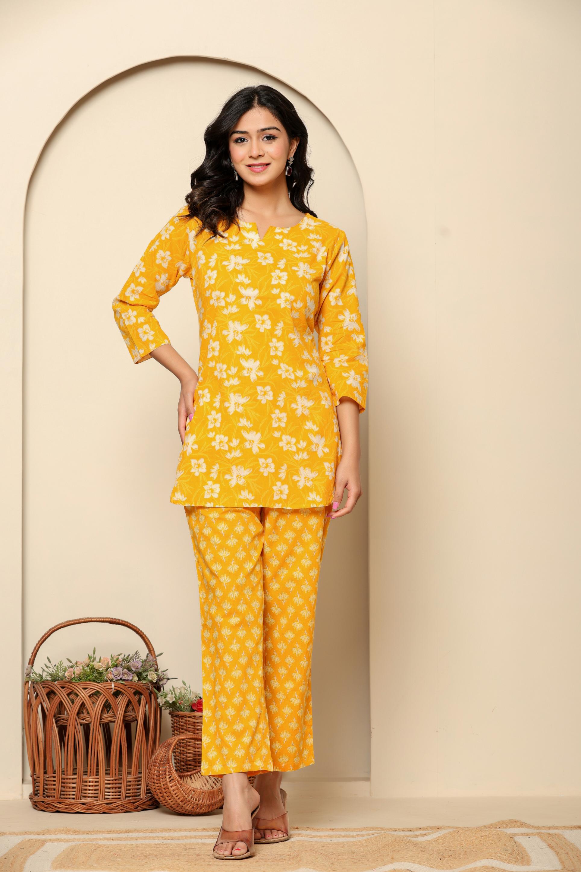 Yellow Printed Cotton Co- Ord Set - qivii