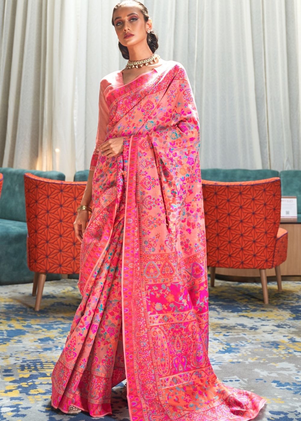 Rouge Pink Banarasi Jamawar Woven Silk Saree - qivii