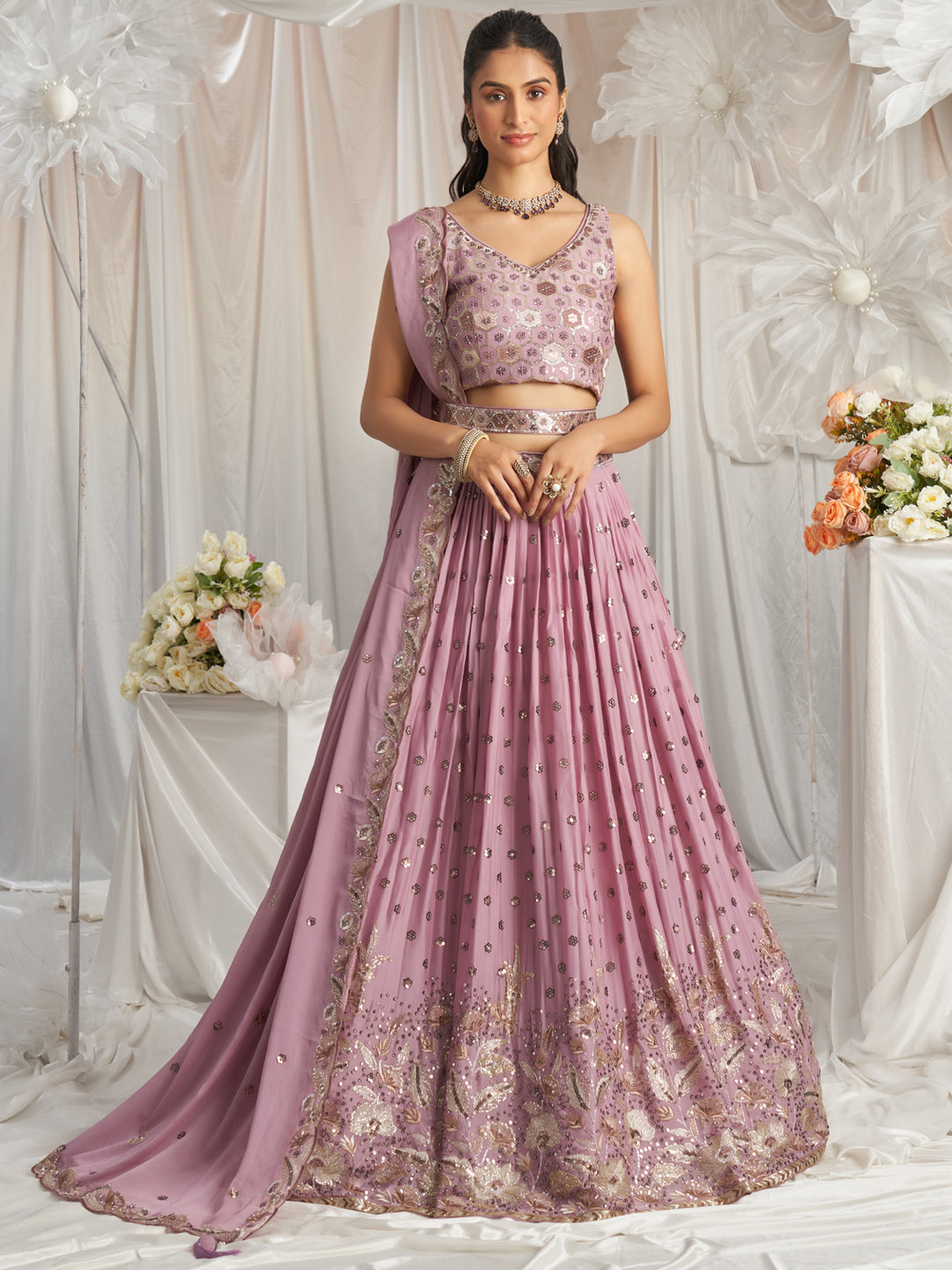 Rosegold - Golden Dull-Bright Sequin,Golden-Sliver Threaded Embroidered Georgette Semi-Stitched Lehenga choli - qivii