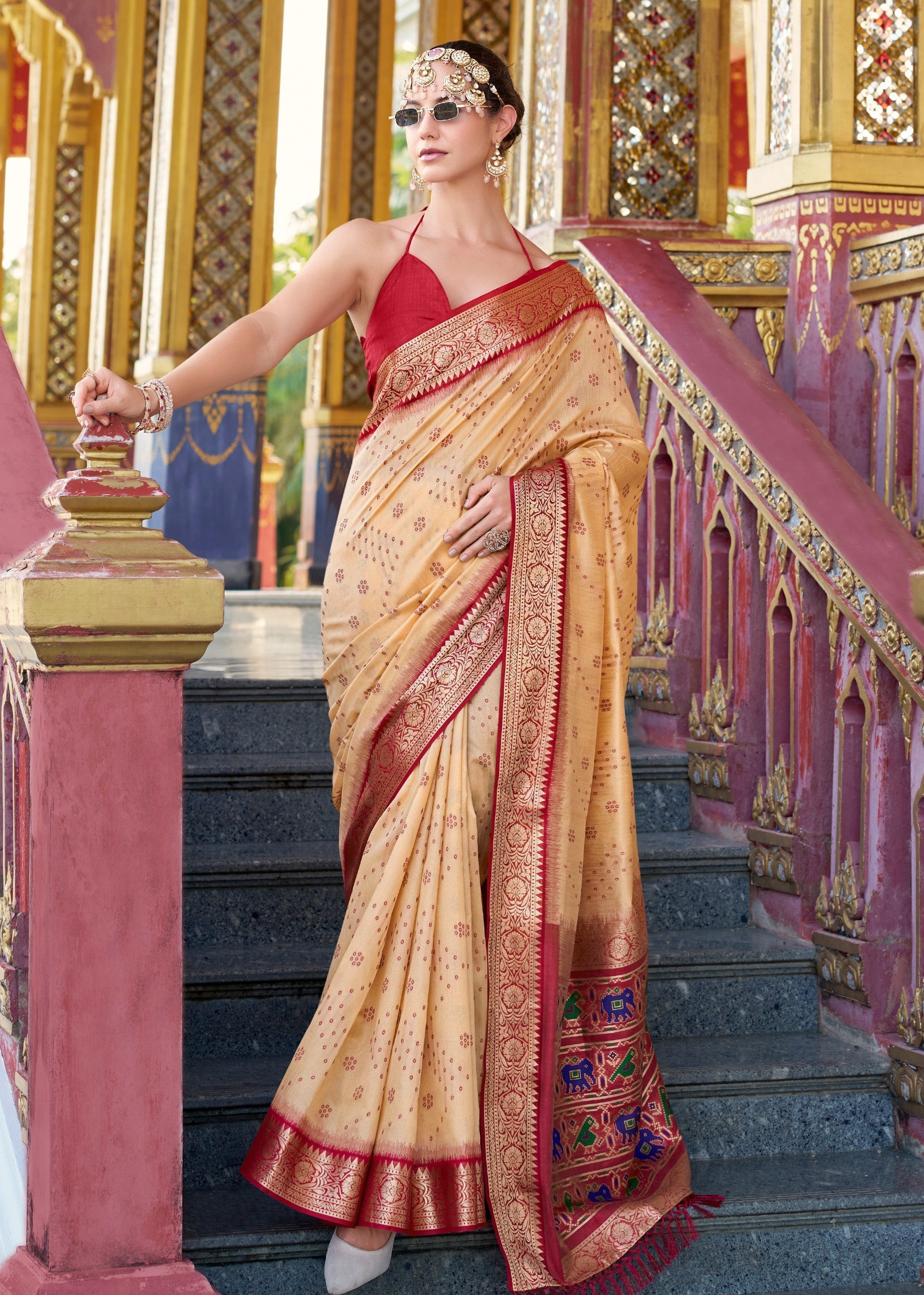 Cream Tusser Handloom Silk Saree With Zari Weaving Border & Patola Weaved Pallu - qivii