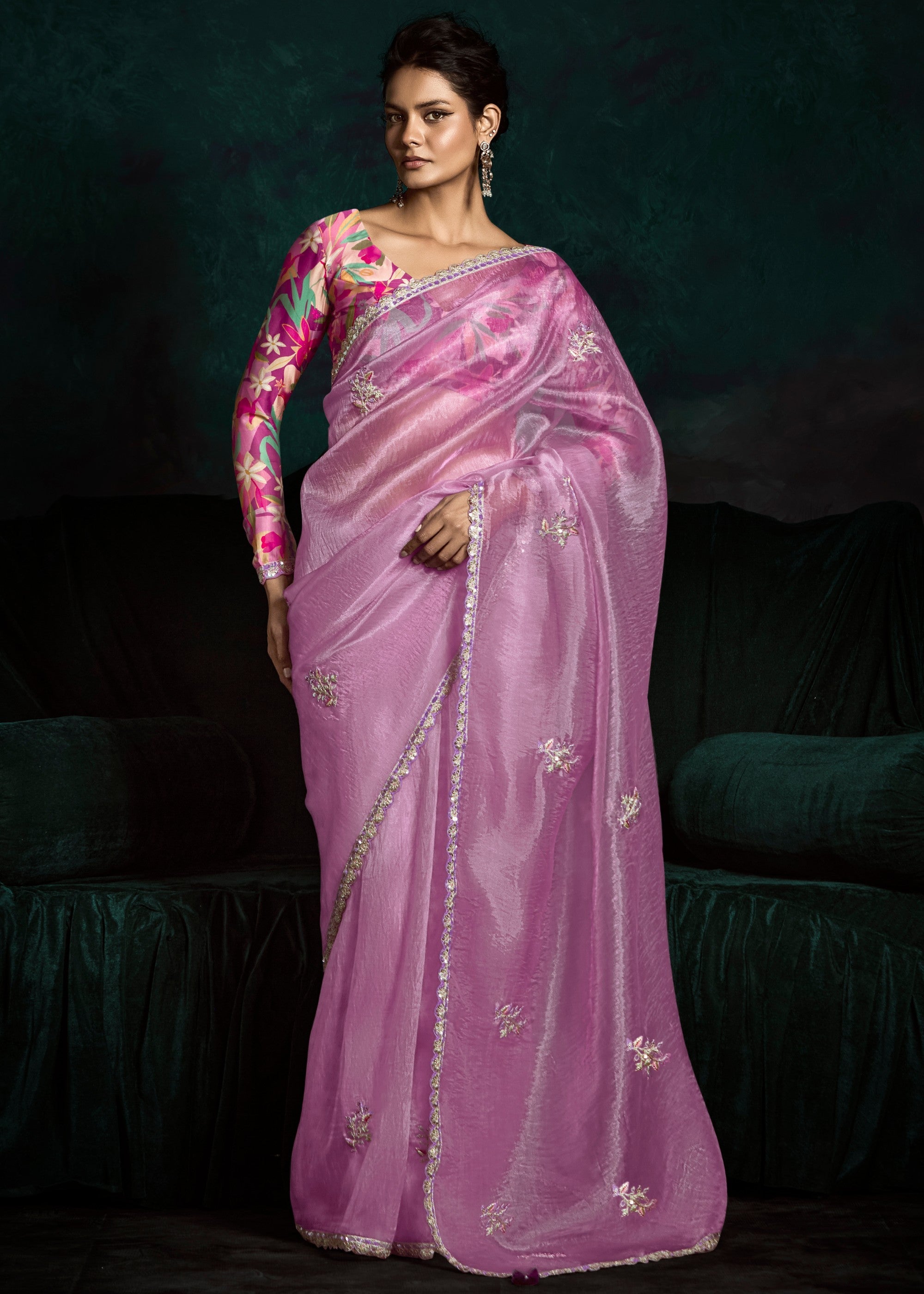 Lavender Purple Fancy Fabric Silk Saree With Sequins And Thread Embroidered Butti Work - qivii