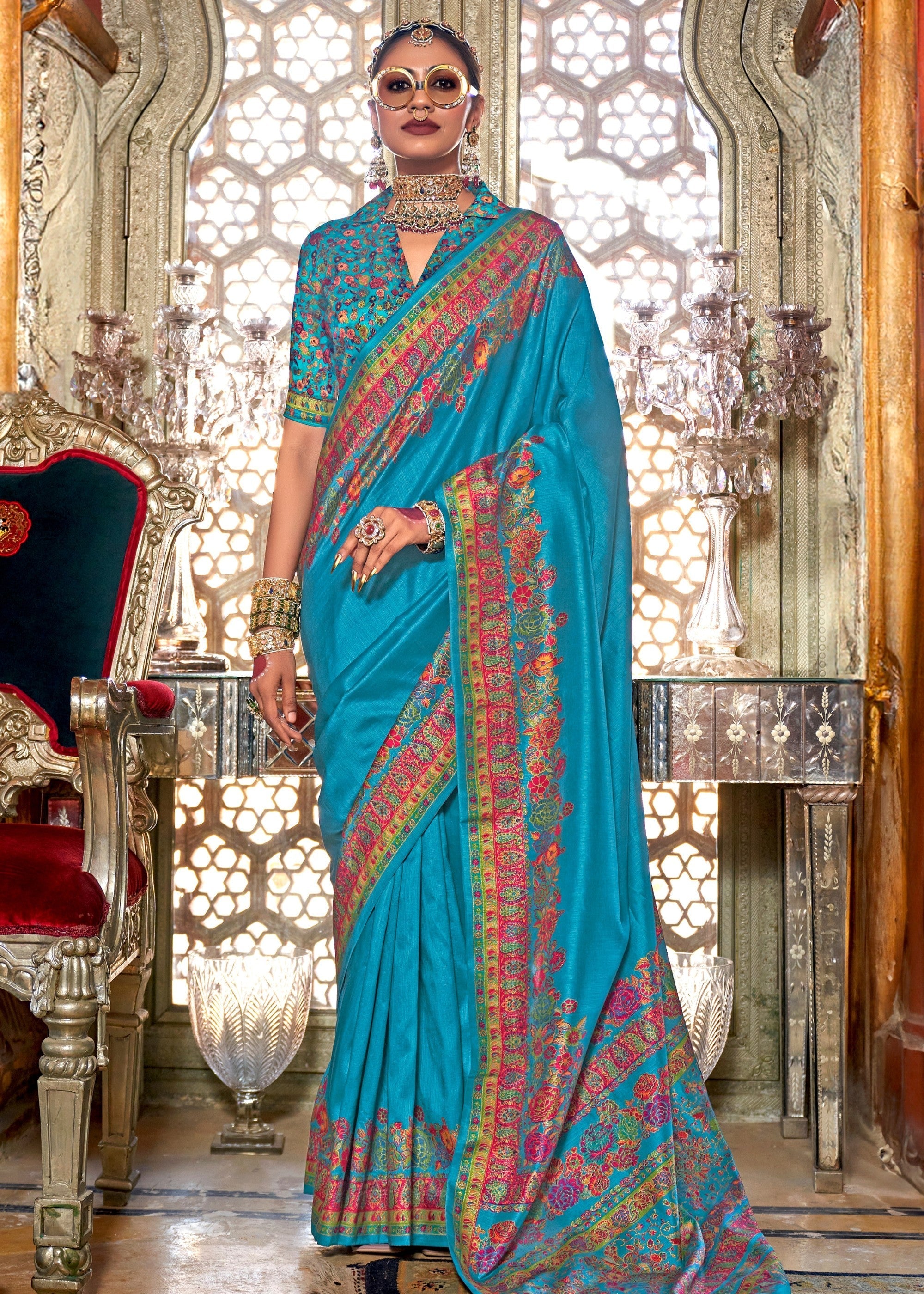 Azure Blue Silk Saree With Luxury Print And Glory Finish - qivii