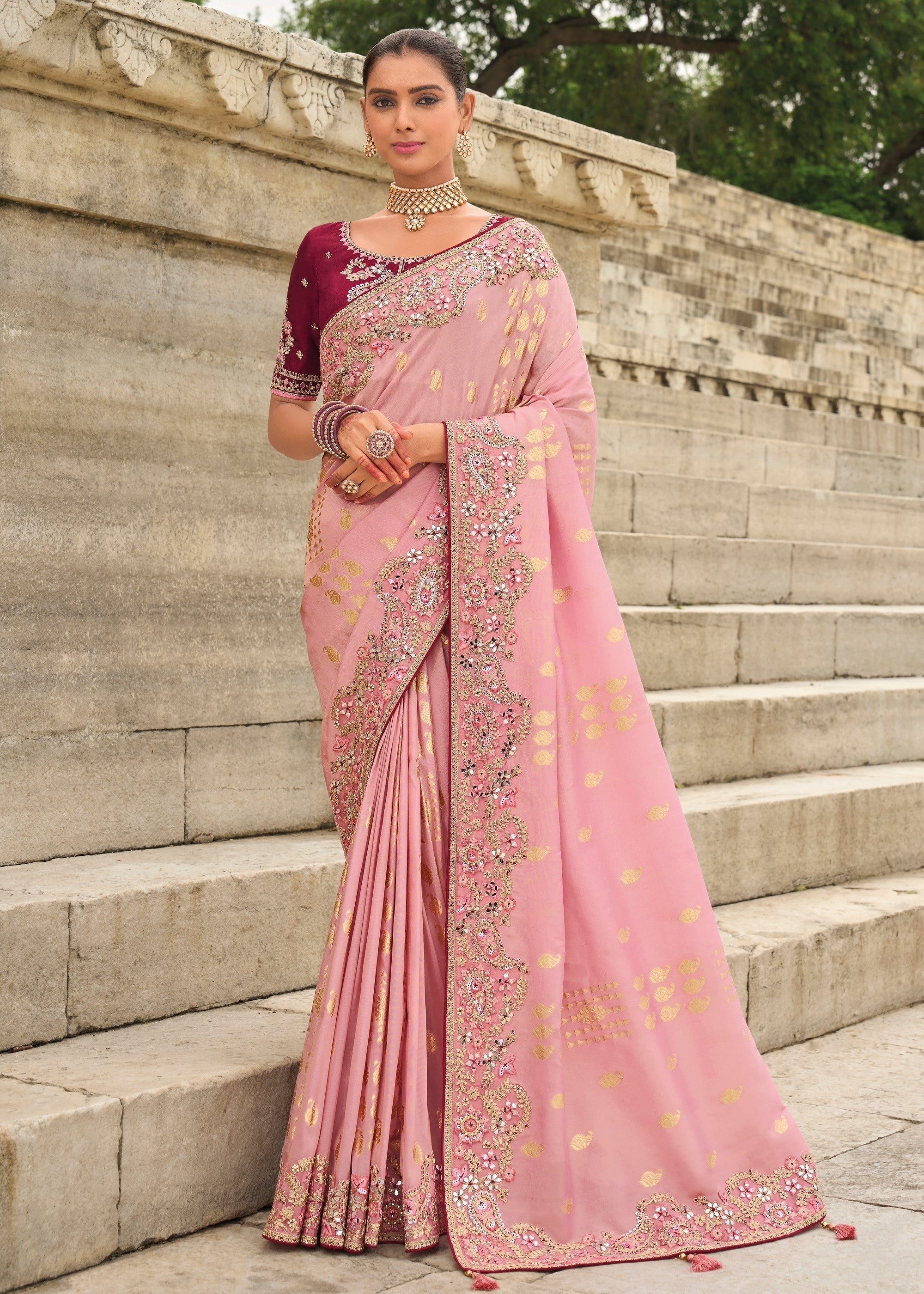 Light Pink Viscose Tissue Silk Saree With Embroidery Cut Work Border And Sequence Work - qivii