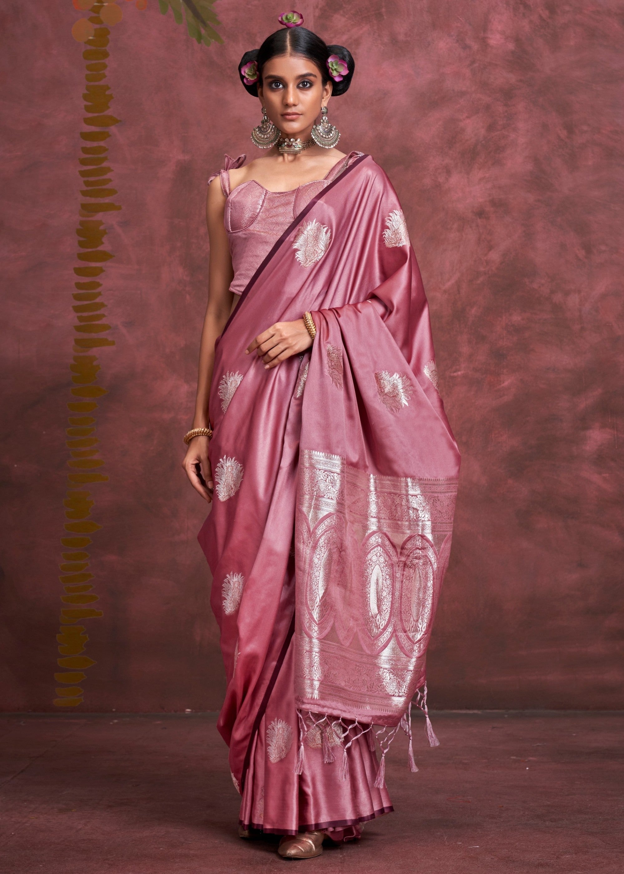 Wild Orchid Handloom Weaving Satin Saree with Banarasi Zari - qivii