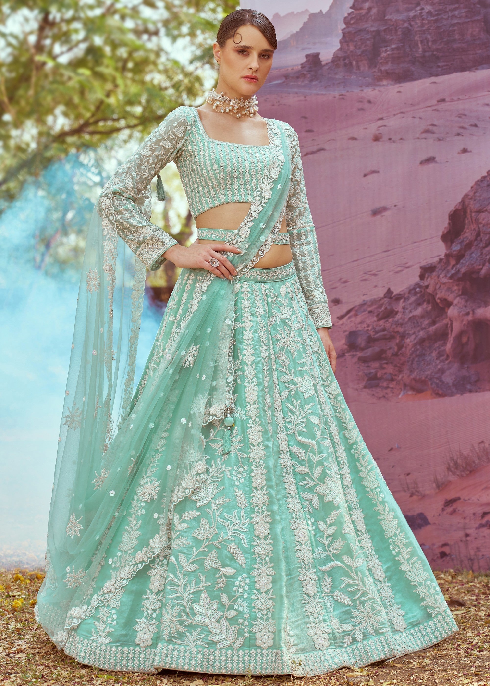 Sea green Organza Sequins embroidery Lehenga | Ready To Wear - qivii