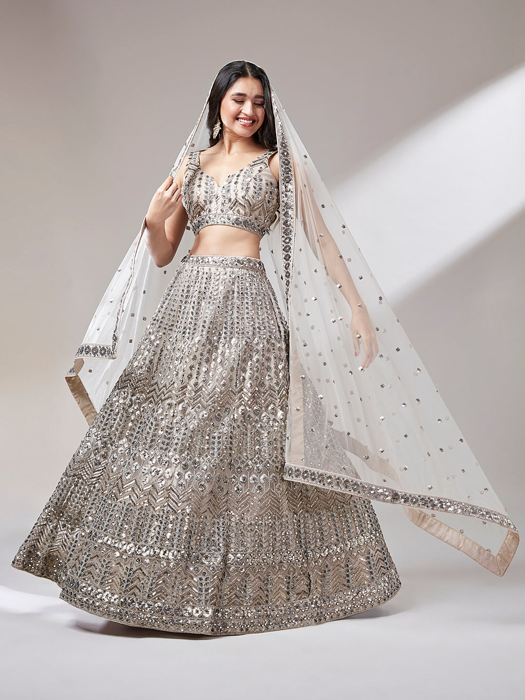 Beige - Net Mirror & Sequins Embroiderey Semi-Stitched Lehenga choli - qivii
