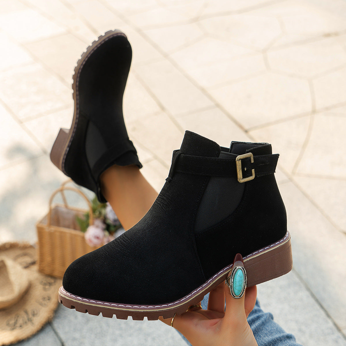 Women's Plus Size Suede Platform Martin Ankle Boots with Belt Buckle Details
