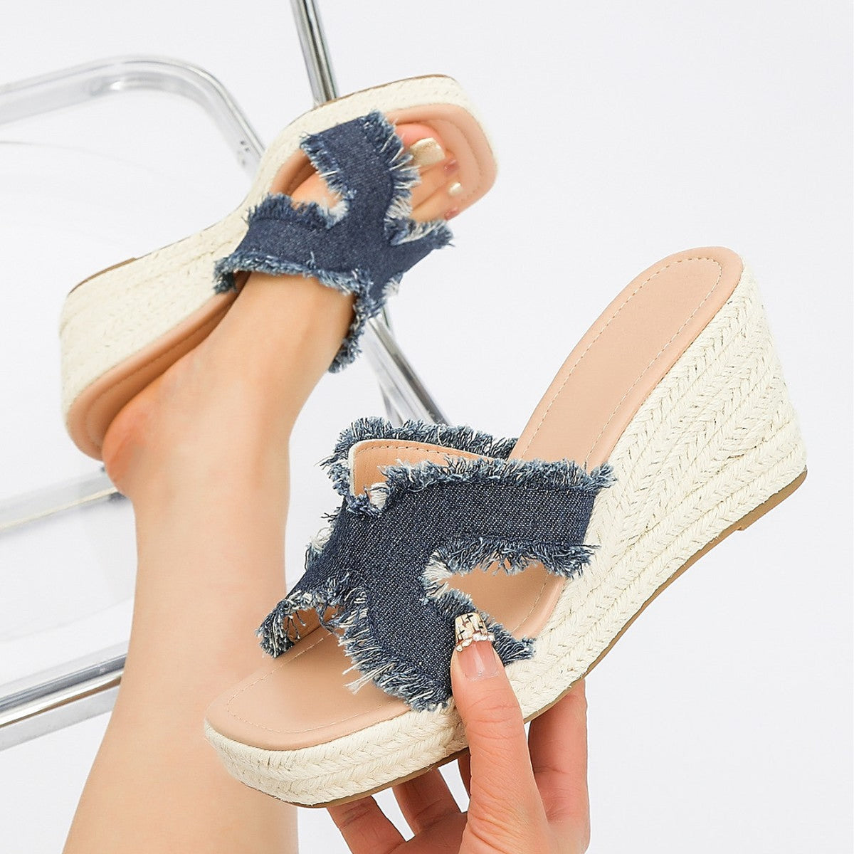 Women's Maren Frayed Denim Espadrille Wedge Slide Sandals - Coastal Platform Summer Shoes (US 4-10.5)