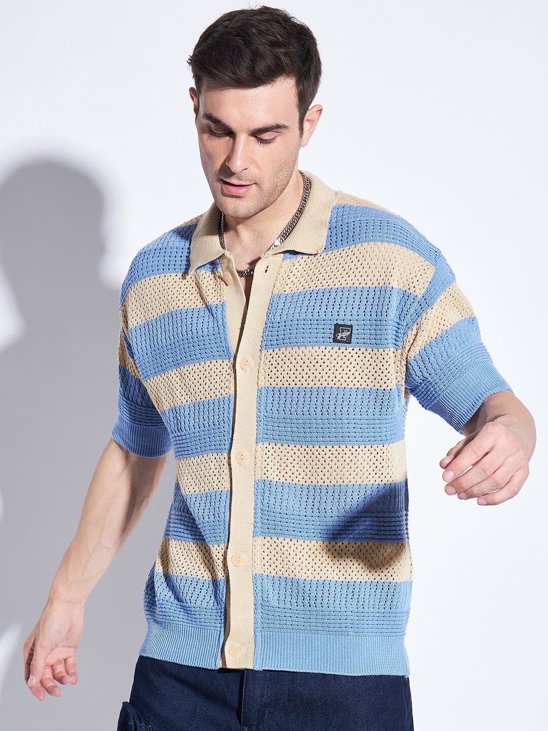 Blue & Beige Striped Crochet Shirt - qivii