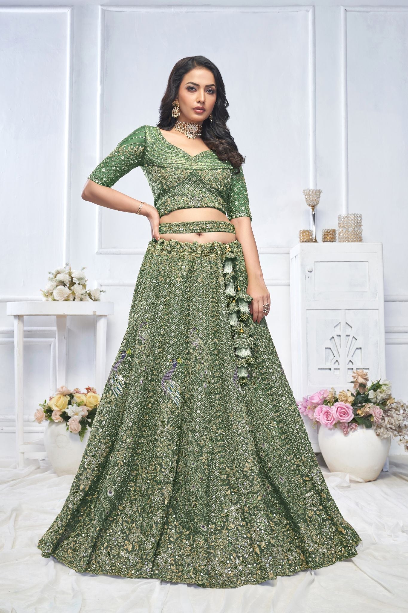 Graceful Green Bridal Wear Lehenga with Elegant Detailing - qivii