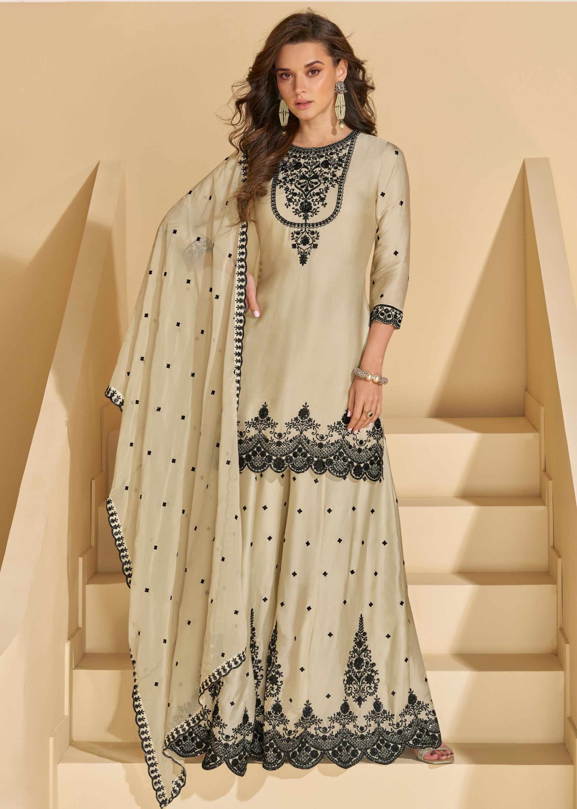 Creamy White Premium Real Chinnon Silk Heavy Look Salwar Suit - qivii