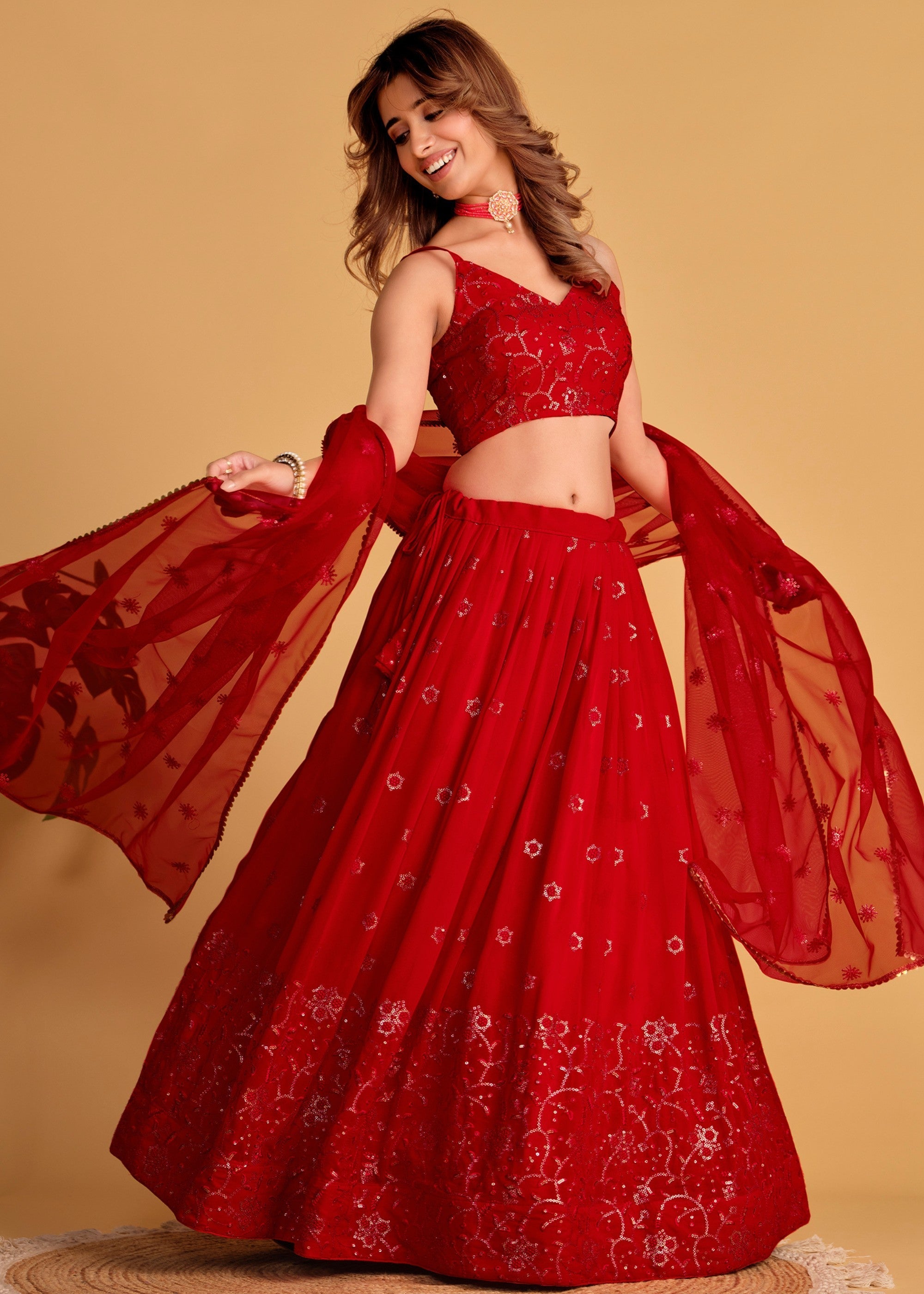 Crimson Red Georgette Lehenga Choli With Sequins Zari Embroidered Work | Ready To Wear - qivii