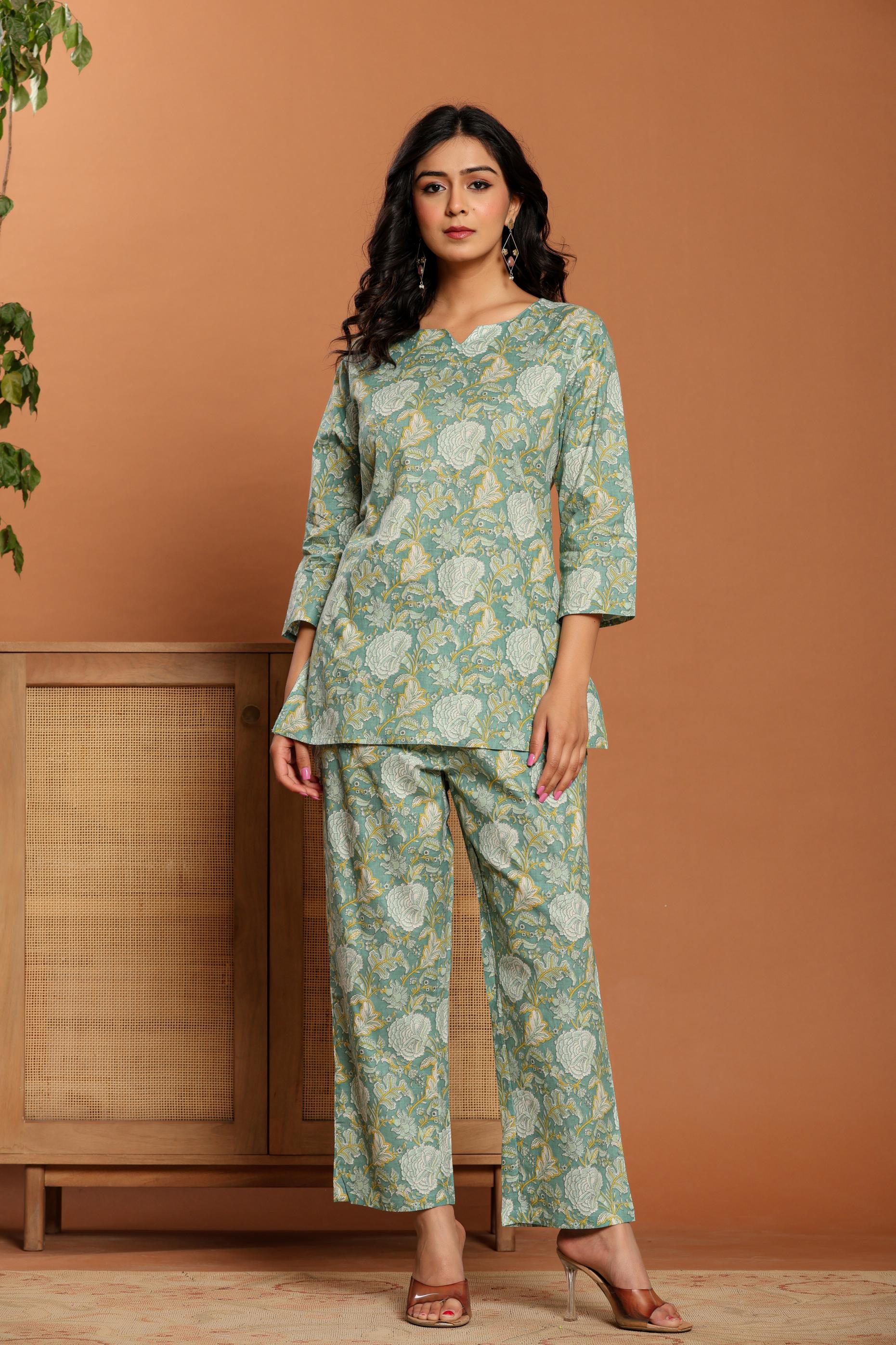 Green Printed Cotton Coord Set - qivii