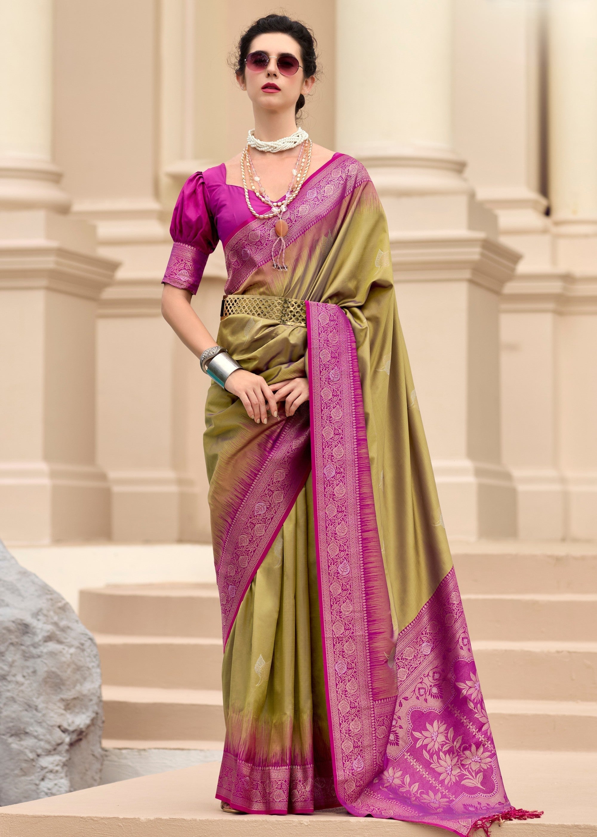 Olive Green Soft Silk Saree with Amazing Zari Weaving - qivii