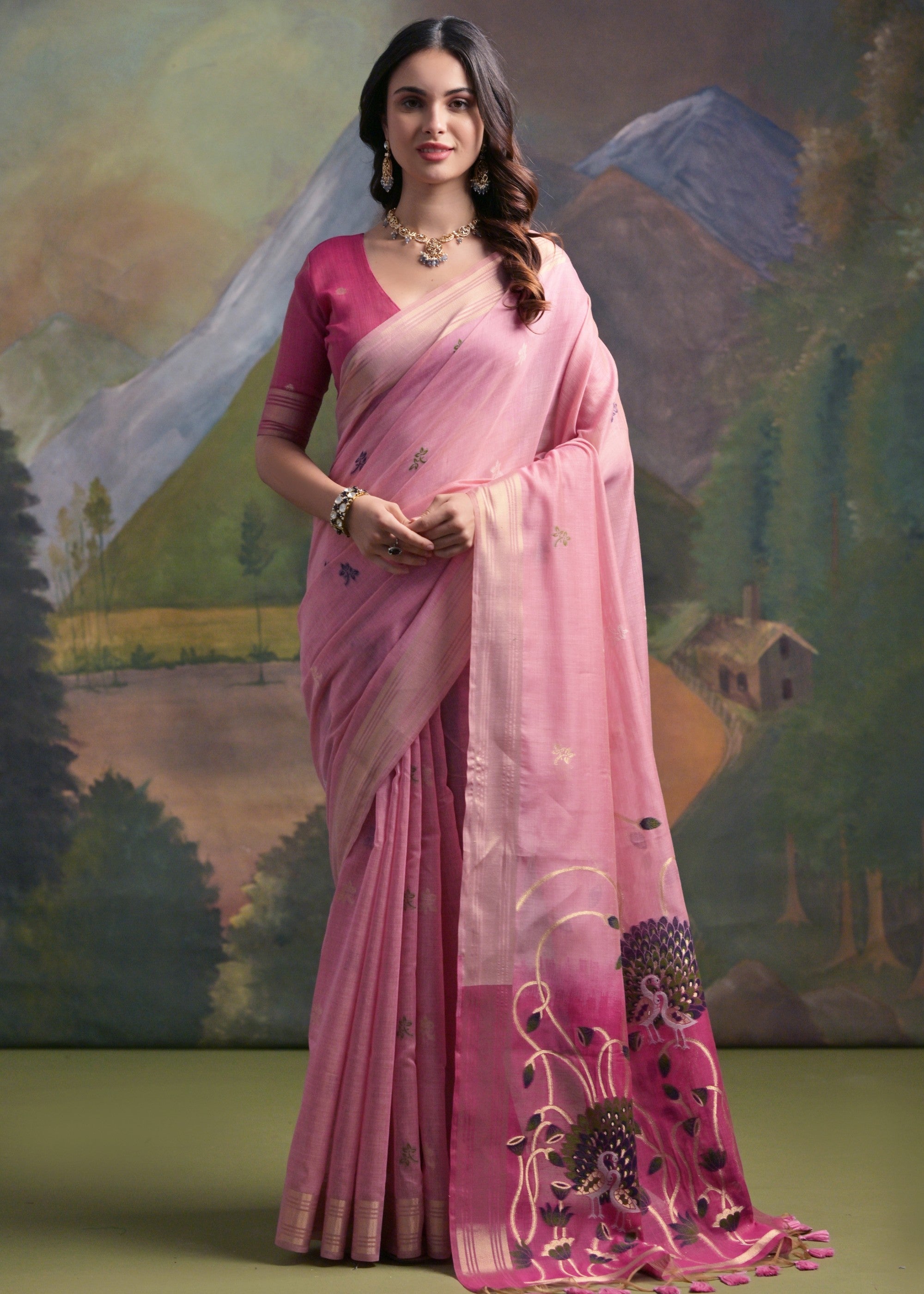 Light Pink Thread Woven Cotton Saree With Contrast Blouse And Pallu - qivii