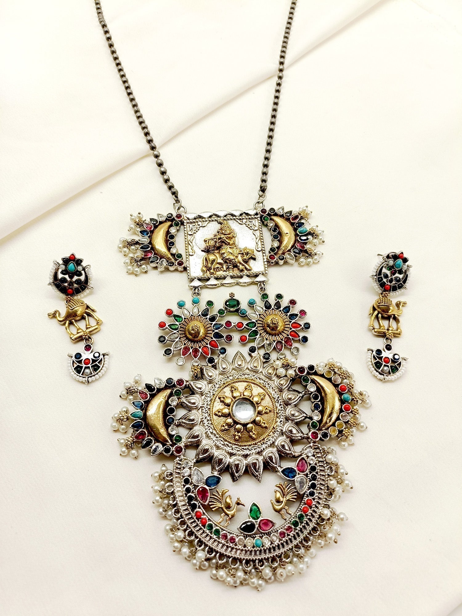 Zeniro Multi Colour Oxidized Long Necklace Set - qivii