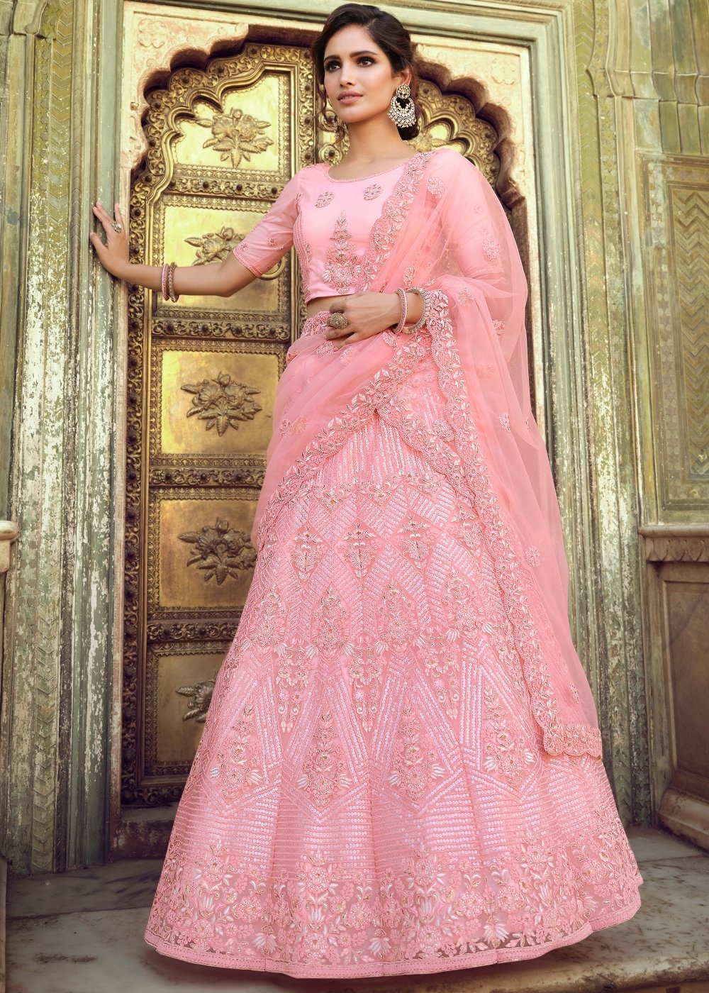 Creamy Pink Soft Net Lehenga Choli with Sequins, Thread, Zari & Dori work | Ready To Wear - qivii