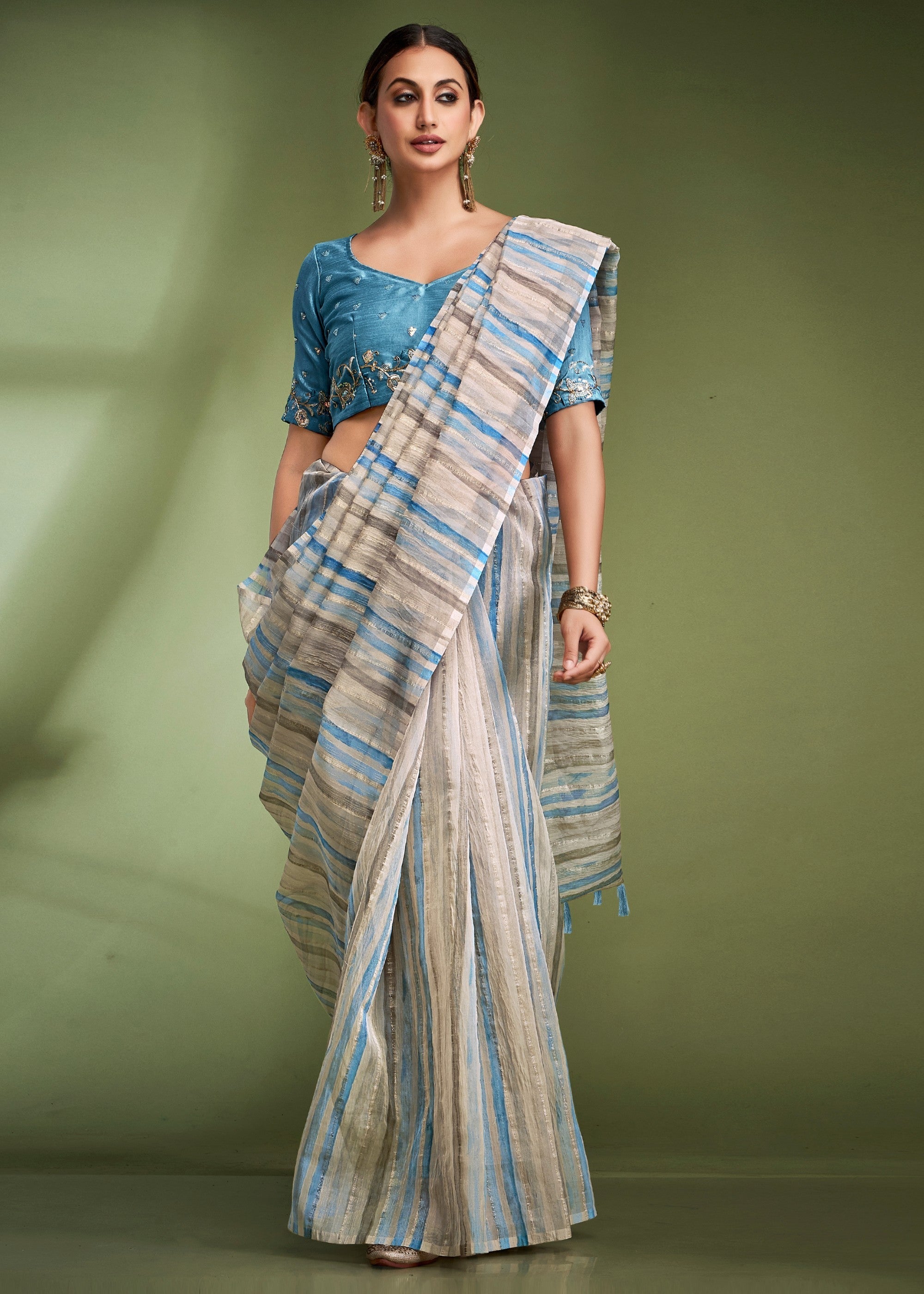 Aqua Blue Tissue Based Fancy Silk Saree With Designer Blouse - qivii