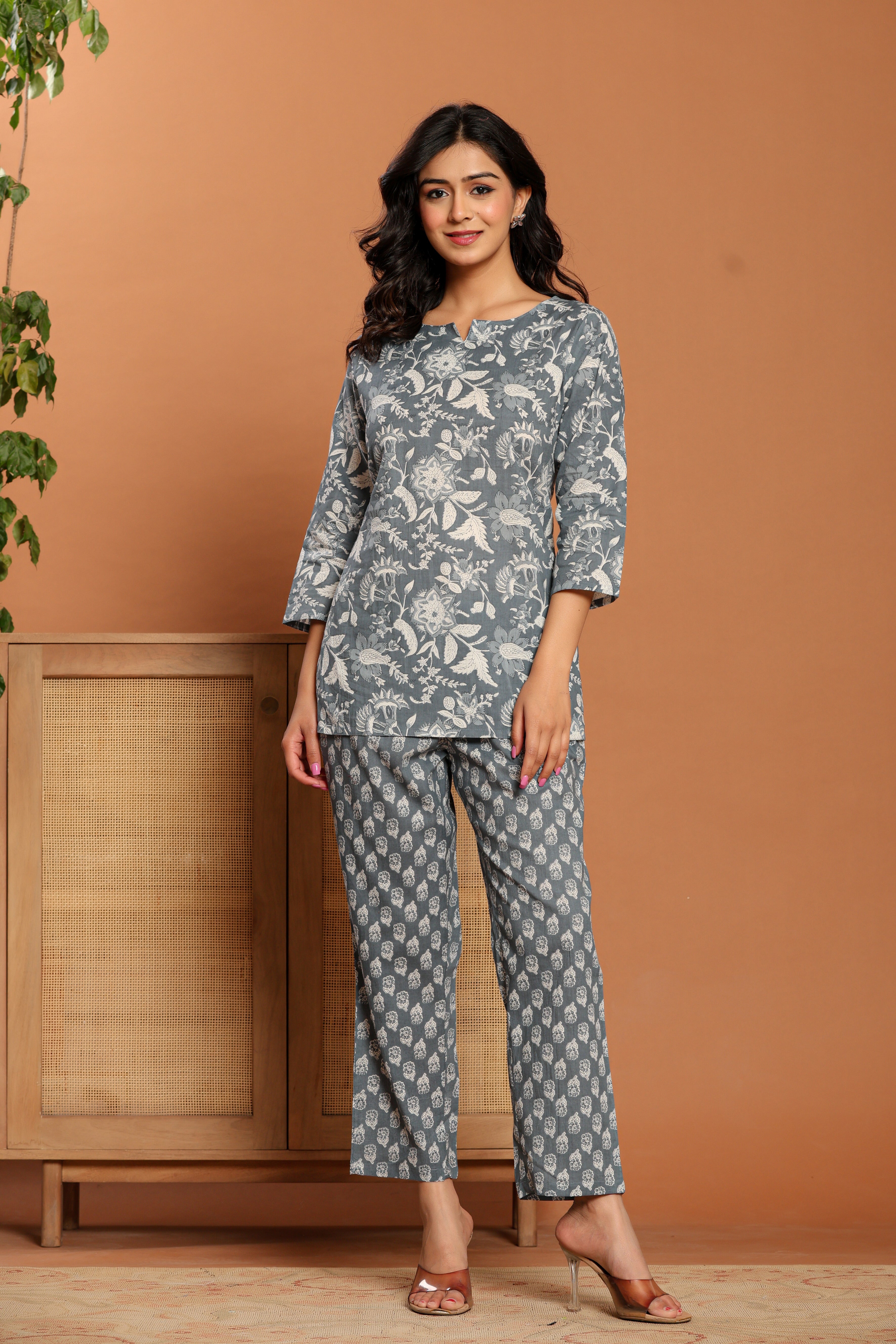 Grey Printed Cotton Coord Set - qivii