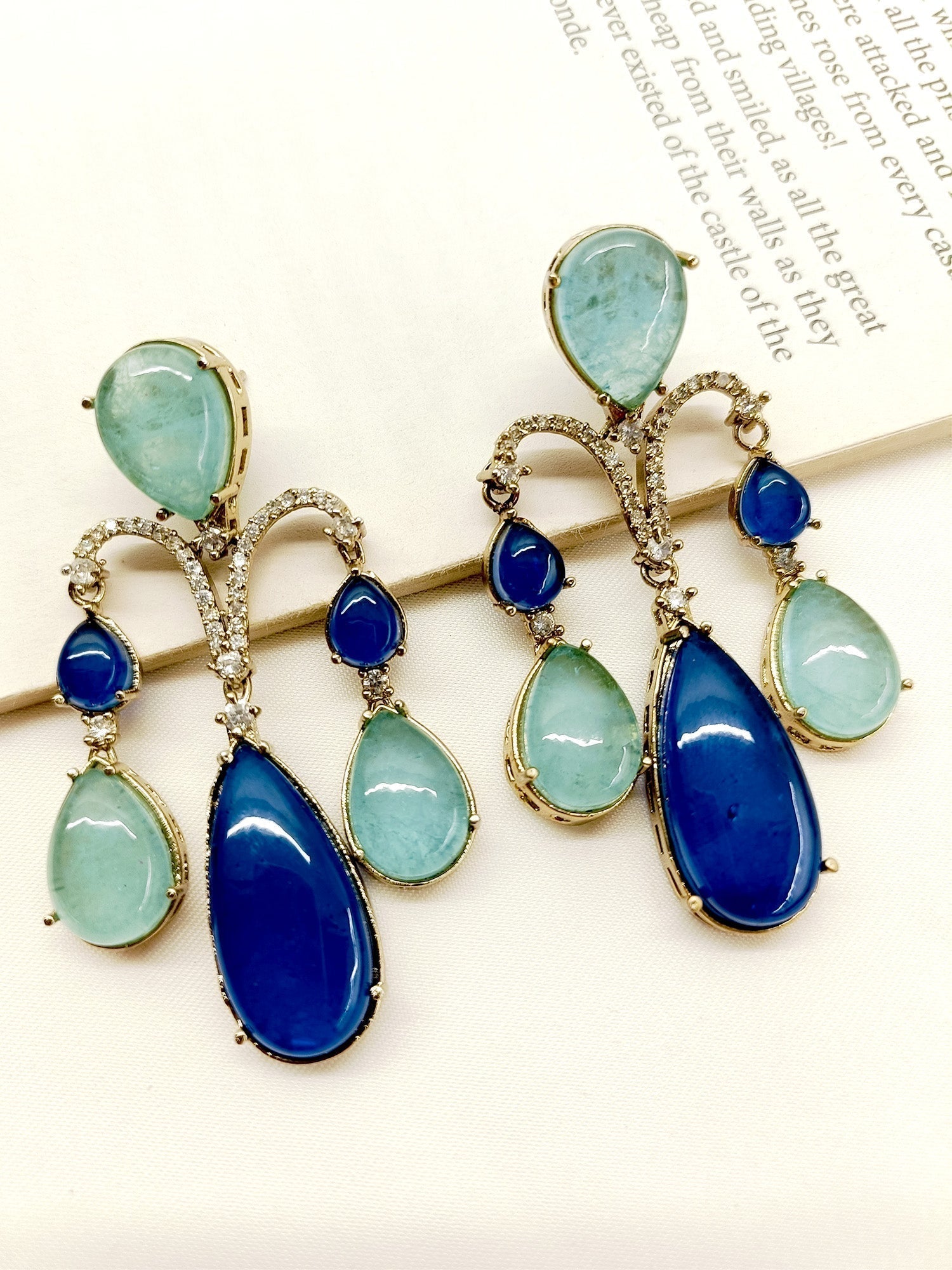 Mayan Blue Victorian Earrings crafted with antique gold plated brass metal