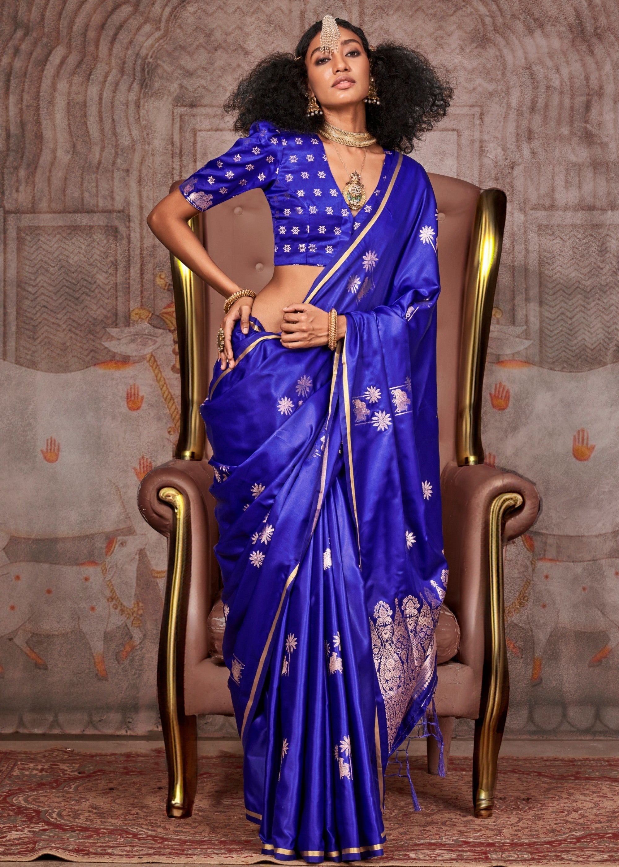 Blue Pure Satin Handloom Weaving Silk Saree - qivii