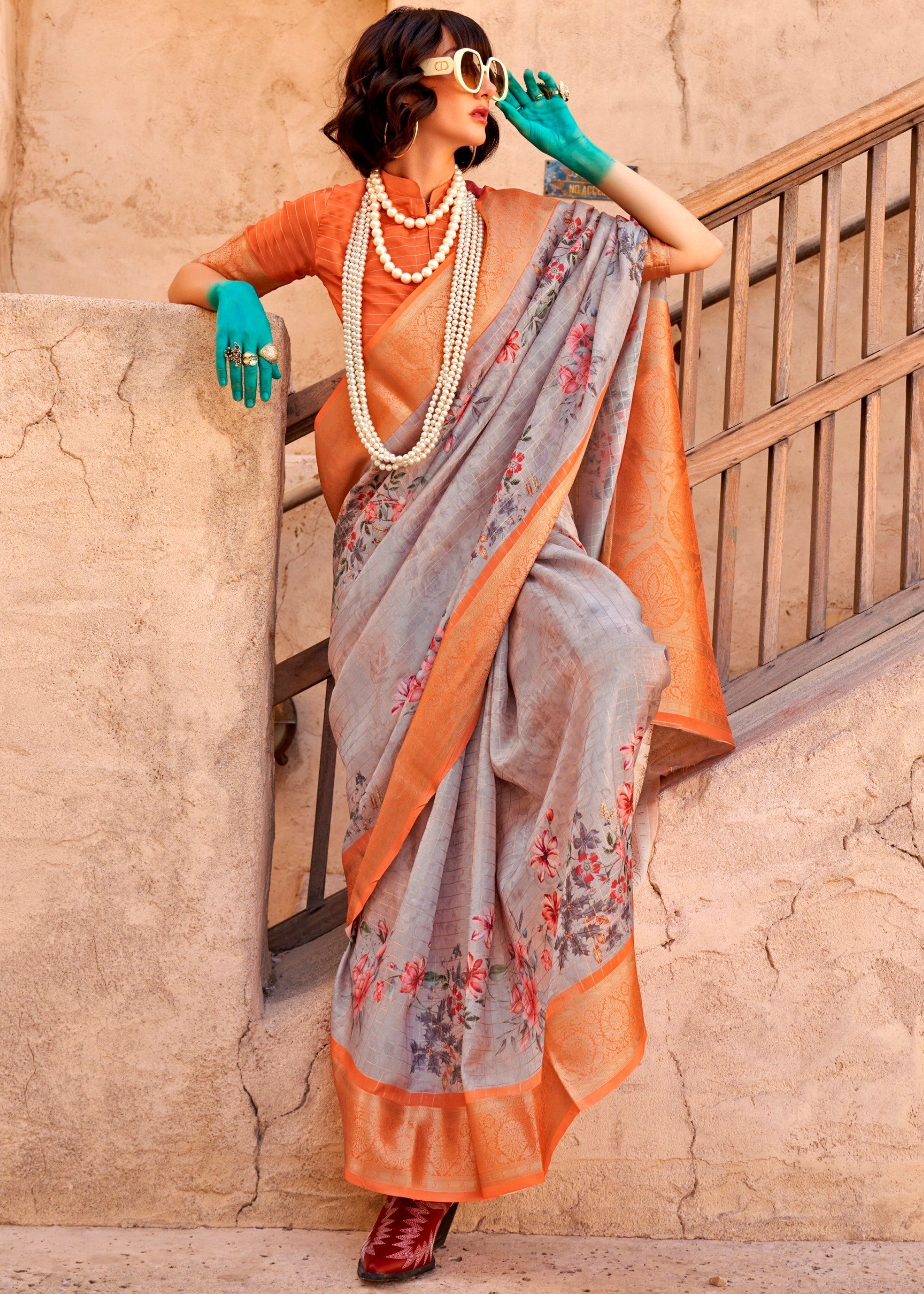 Orange and Gray Printed Handloom Georgette Saree - qivii