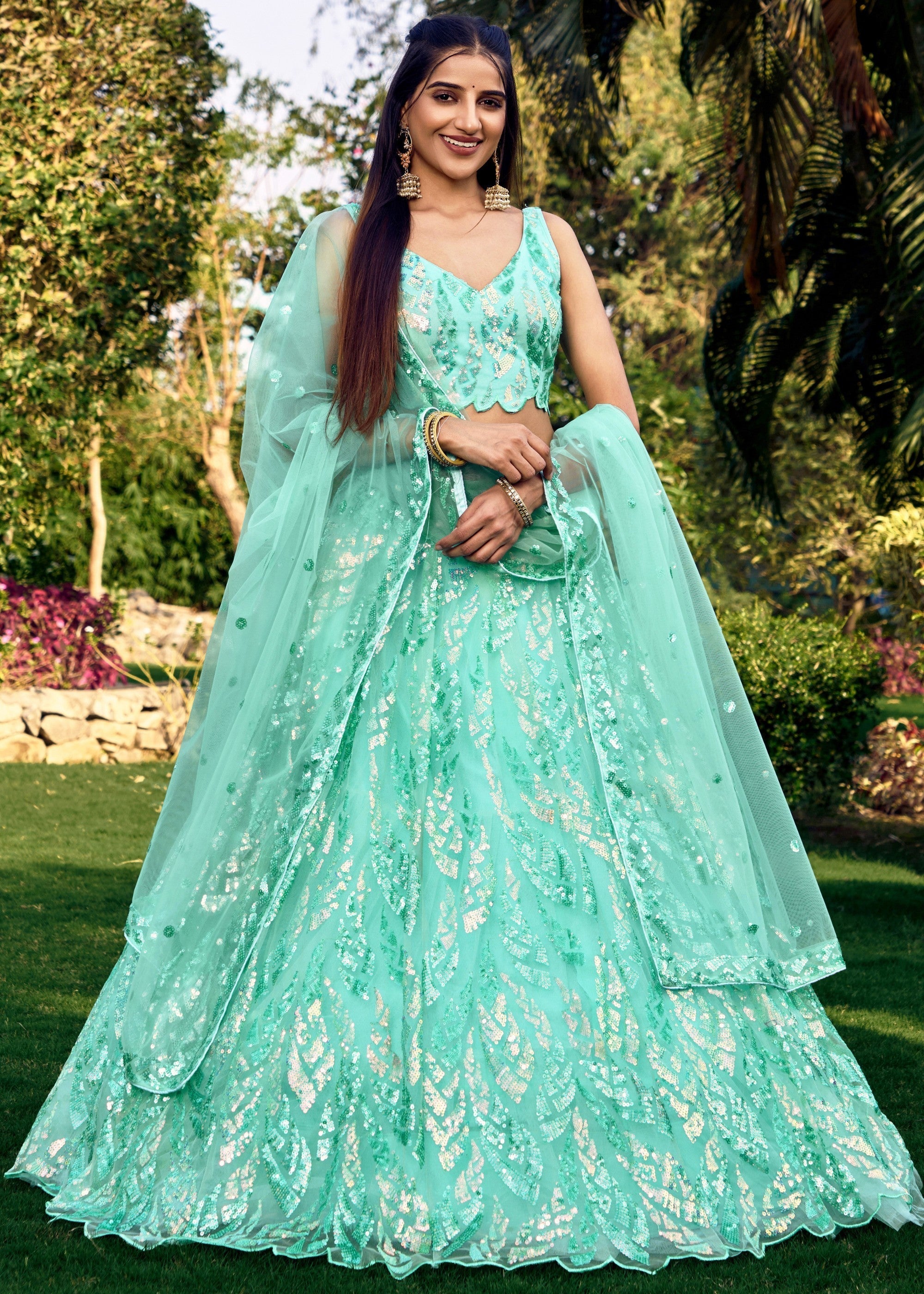 Aqua Blue Net Lehenga Choli With Multiple Sequins And Thread Embroidery Work | Ready To Wear - qivii