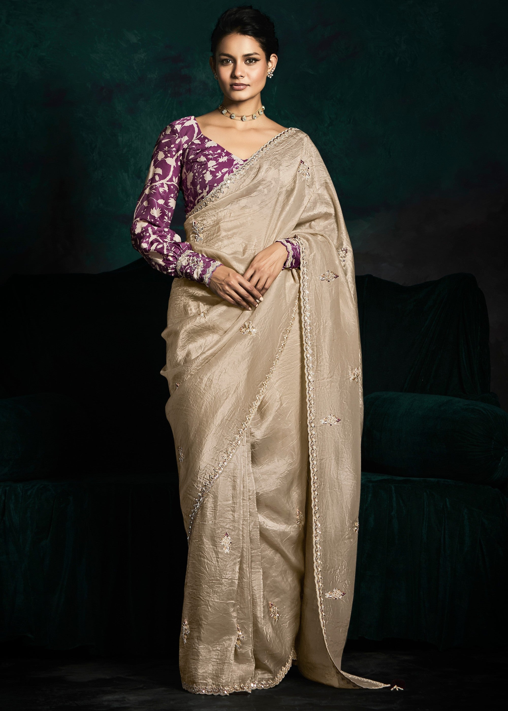 Beige Golden Fancy Fabric Silk Saree With Sequins And Thread Embroidered Butti Work - qivii