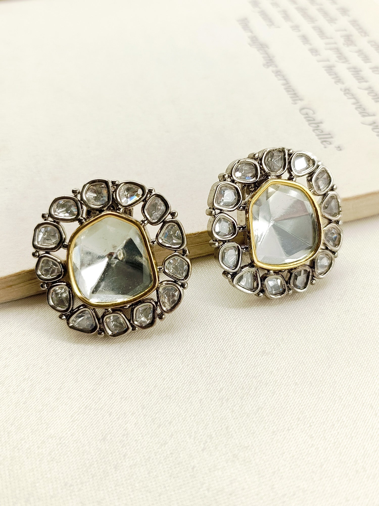 Maithily Diamond Work Rhodium Plated Victorian Tops with Silver and Gold Polish Polki Tops and Beautiful Uncut Polki Diamonds