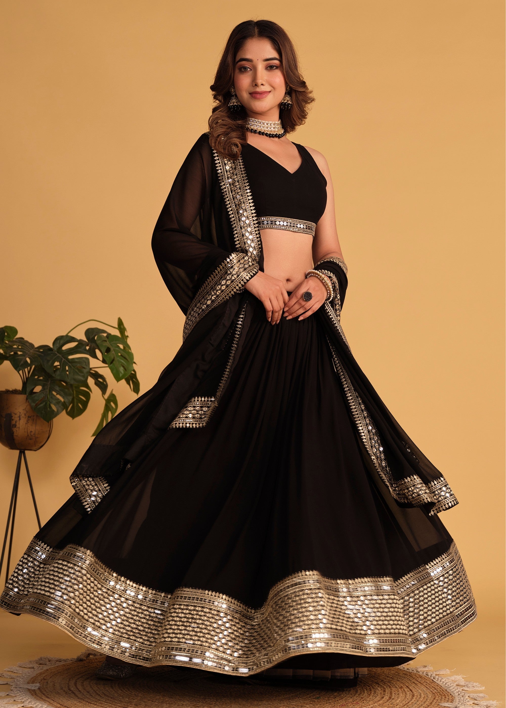 Onyx Black Georgette Lehenga Choli With Sequins Zari Embroidered Work : Top Pick | Ready To Wear - qivii