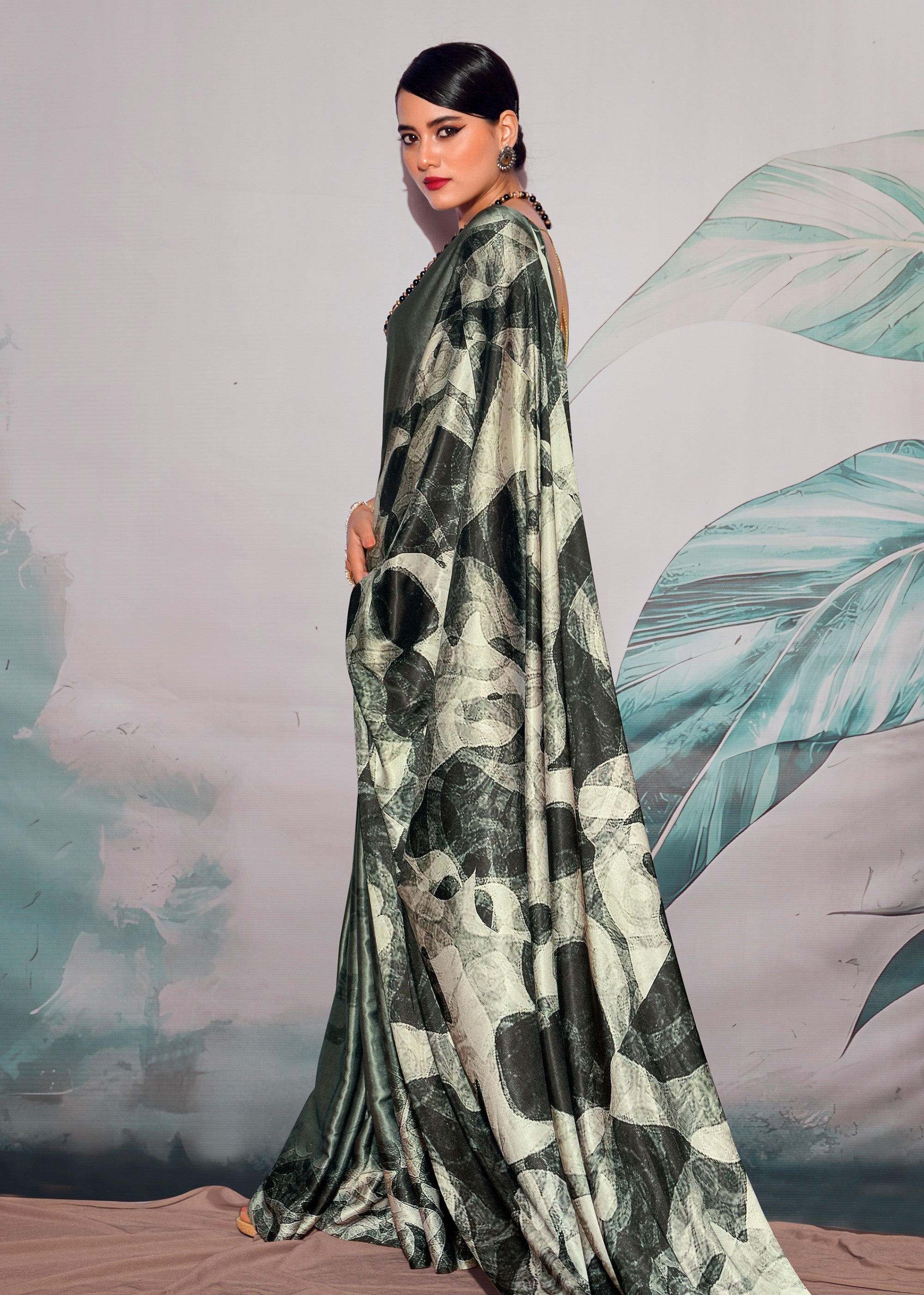 Seaweed Green Satin Crepe With Digital print - qivii