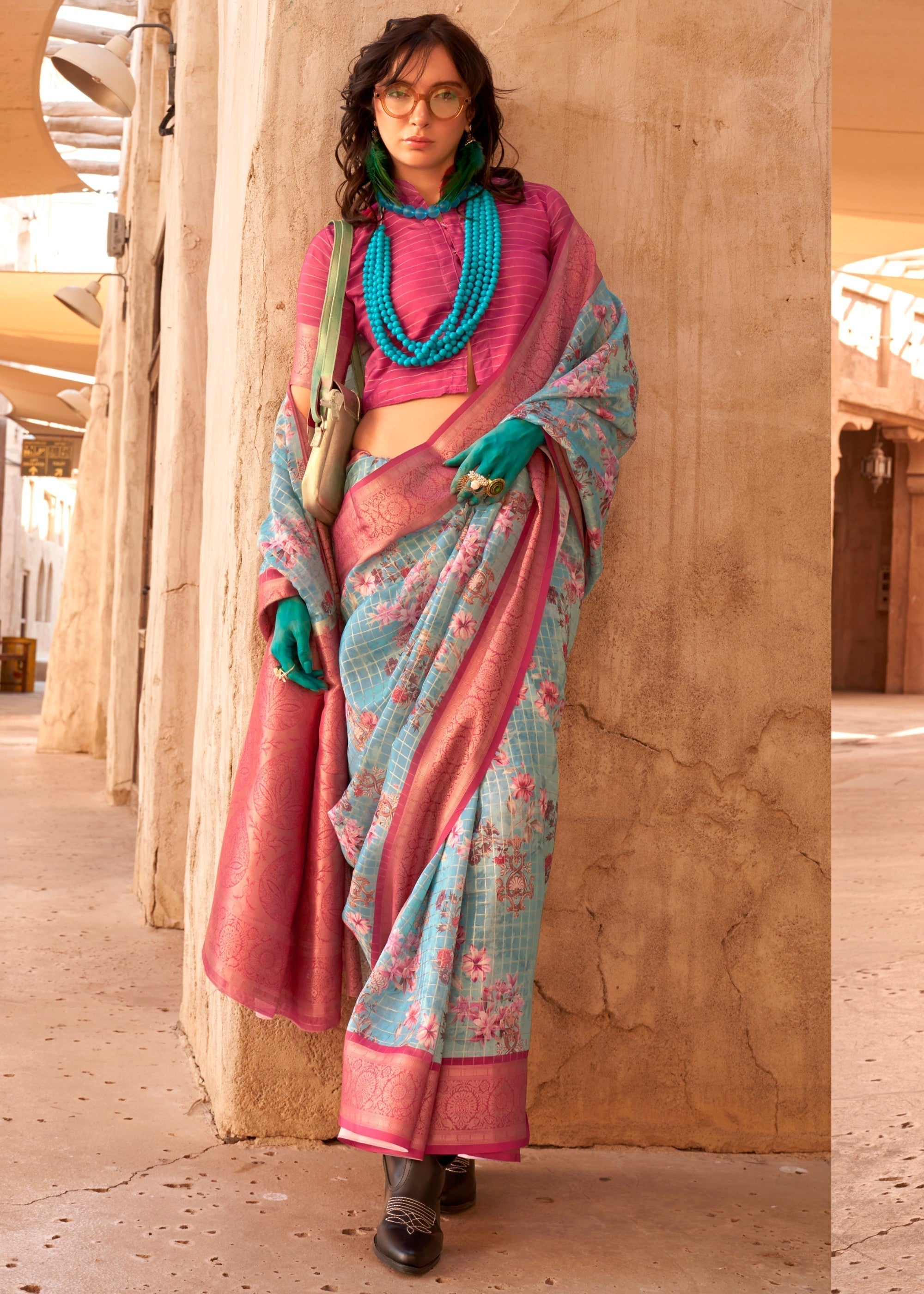 Raspberry Printed Handloom Georgette Saree - qivii