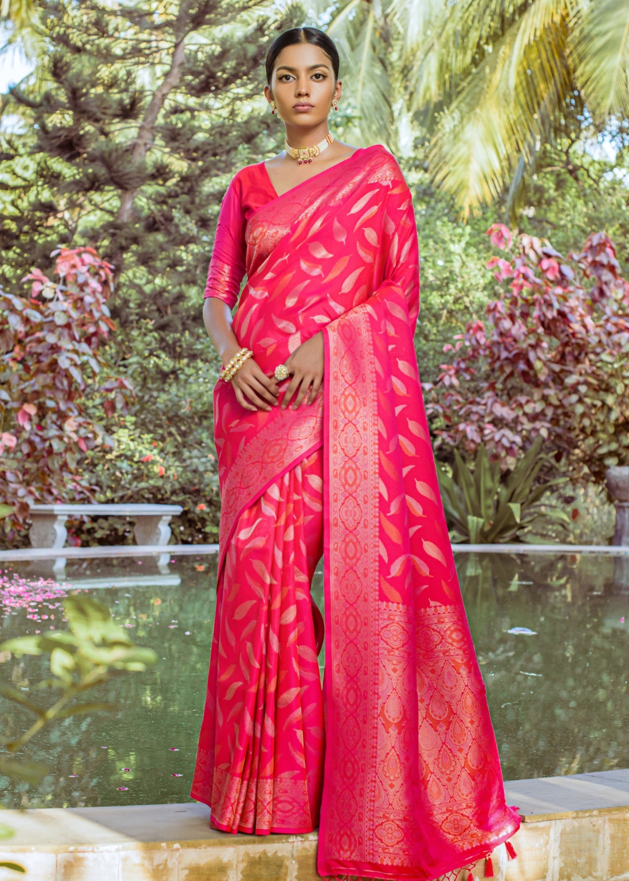 Hot Pink Zari Woven Silk Saree - qivii