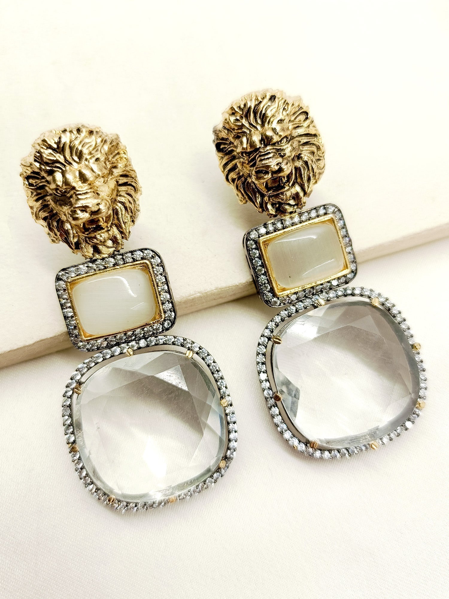 Shay Grey Victorian Earrings with Lion Motifs and American Diamond Setting