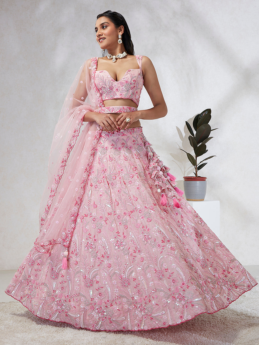 Pink - Georgette Sequins and thread embroidery Semi-Stitched Lehenga choli - qivii