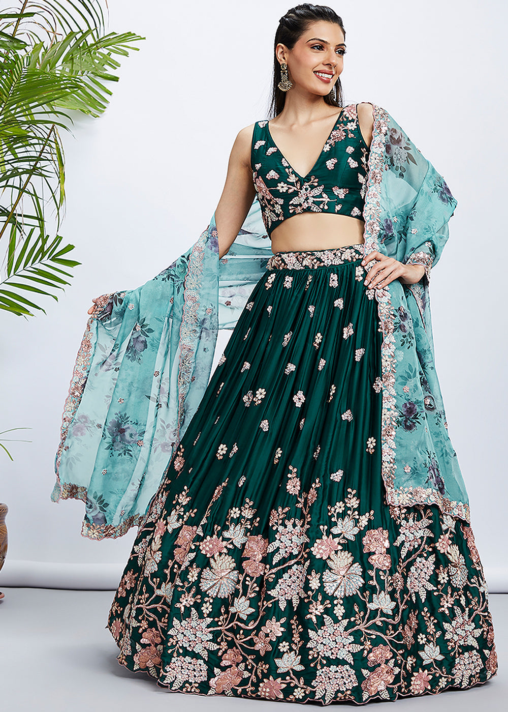Dark Green Georgette Lehenga Choli with Sequins & Thread Embroidery work | Ready To Wear - qivii