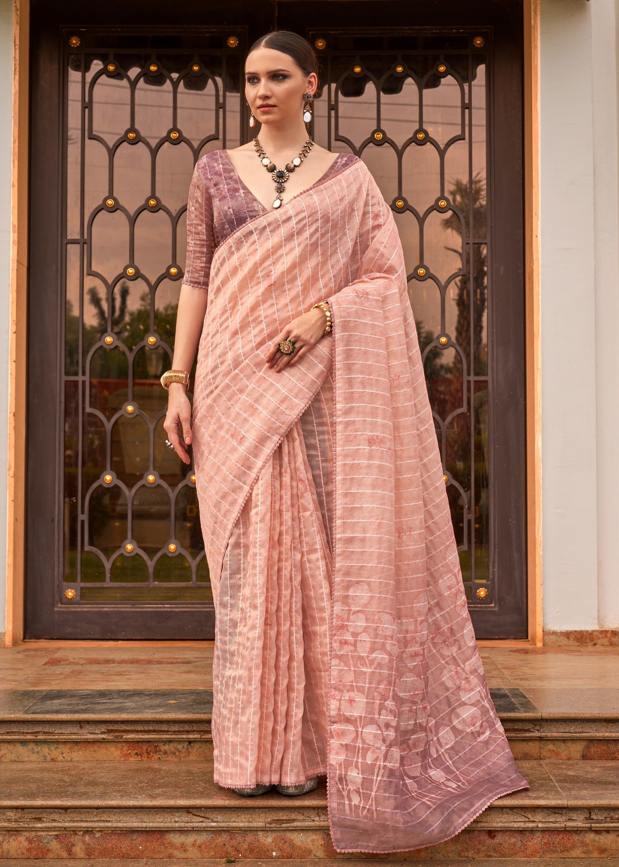 Blush Pink Pure Tissue Silk Saree - qivii