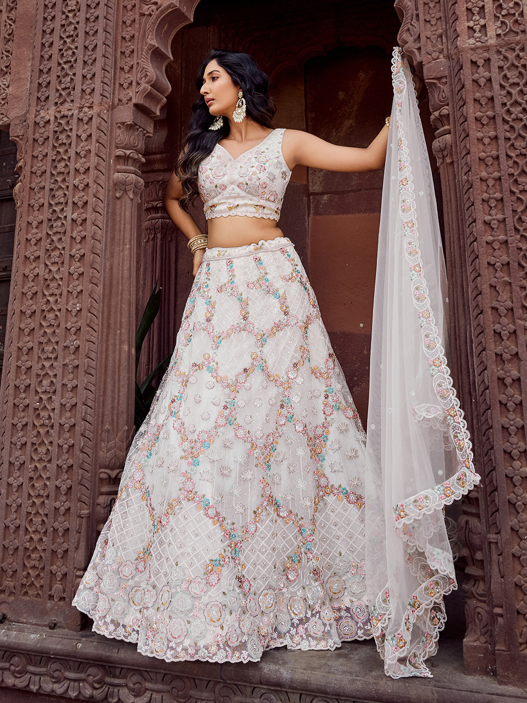 CREAM - Net Fabric Sequins embroidery Semi-Stitched Lehenga & Unstitched Blouse With Dupatta