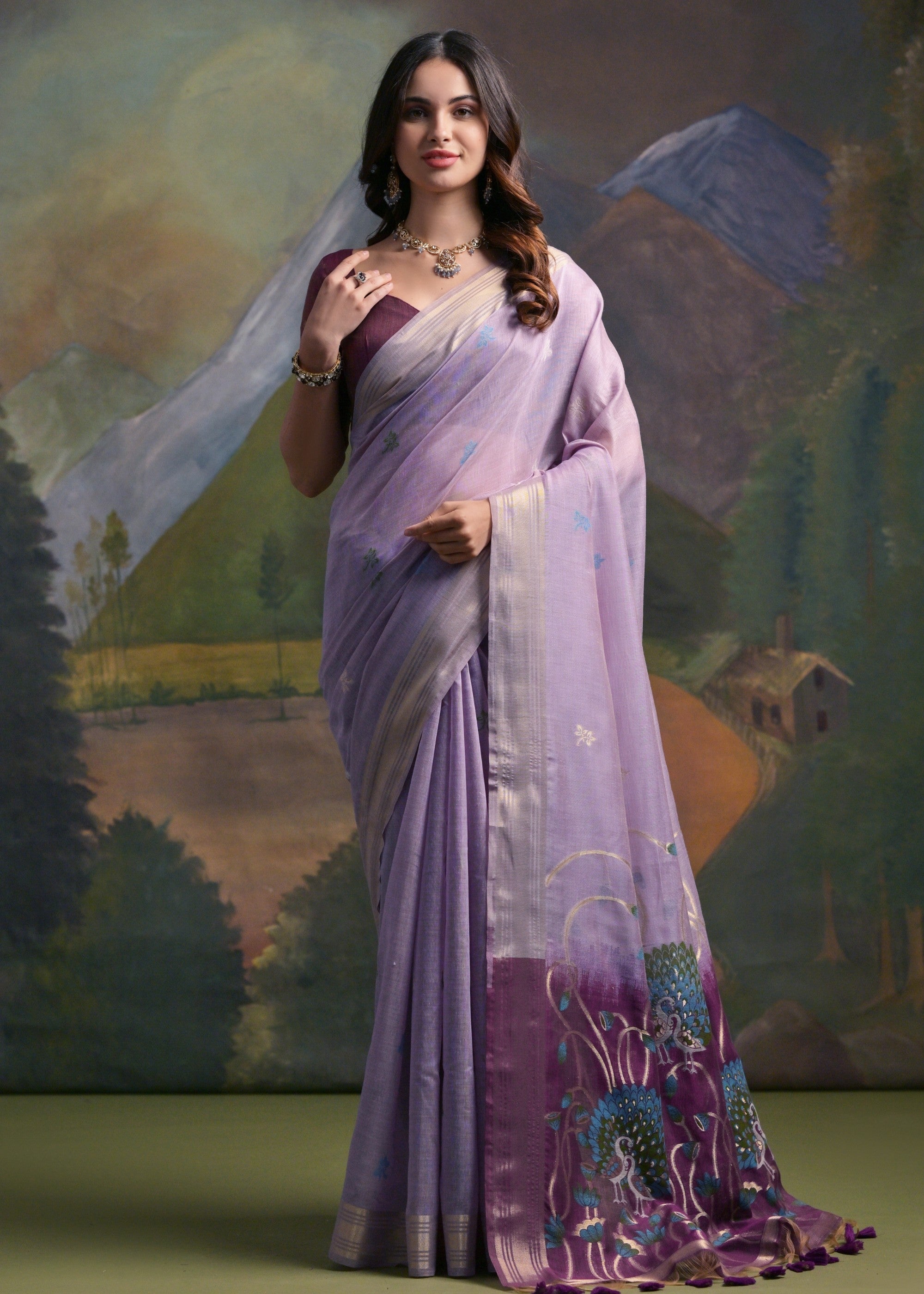 Lavender Purple Thread Woven Cotton Saree With Contrast Blouse And Pallu - qivii
