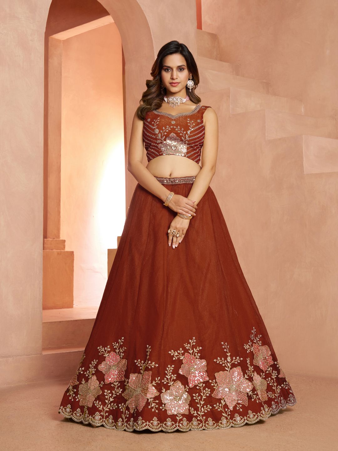 Rust Bridal Lehenga Choli with Intricate Bead and Sequins Embroidery