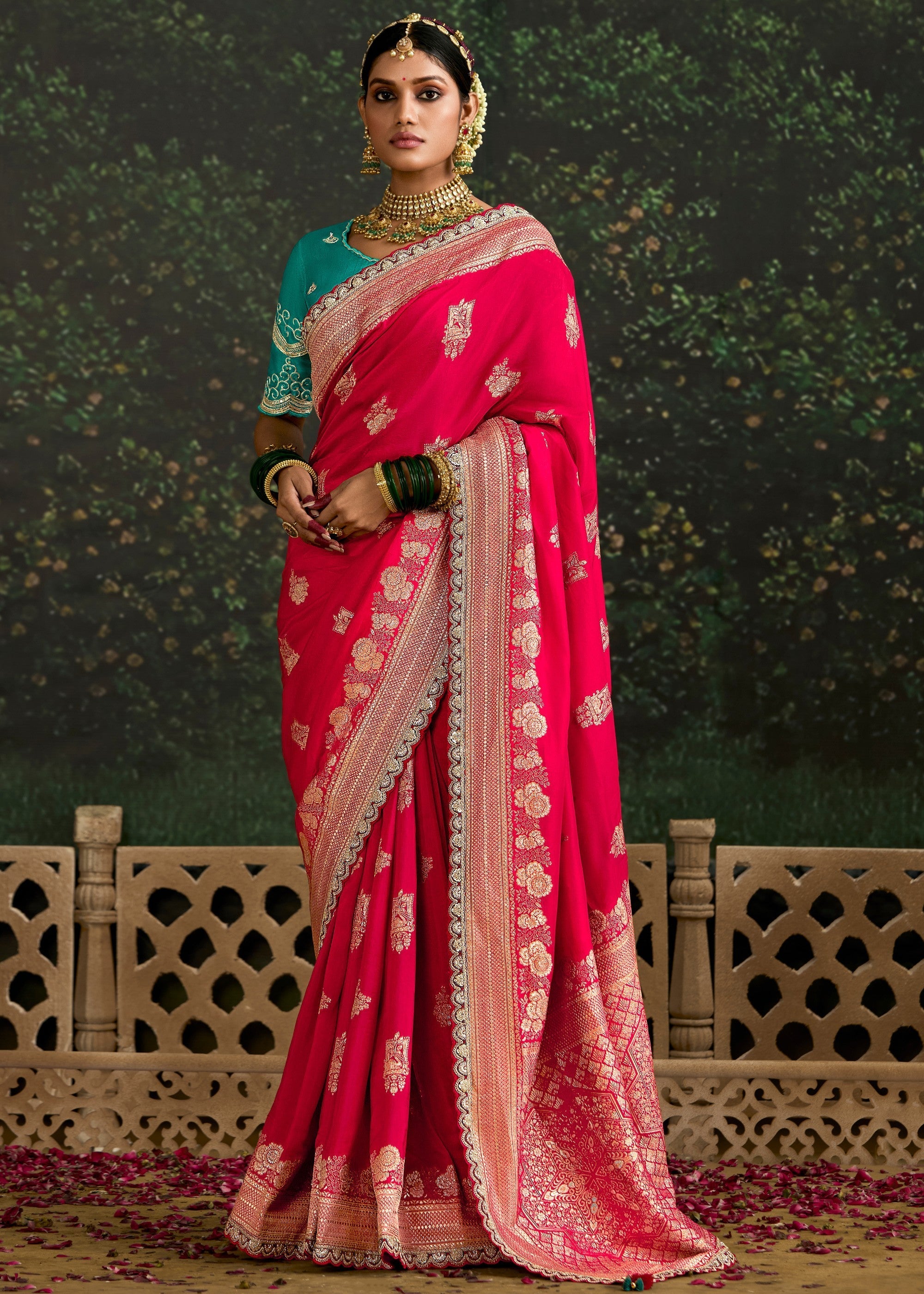 Pink and Teal Viscose silk Saree with zari work - qivii