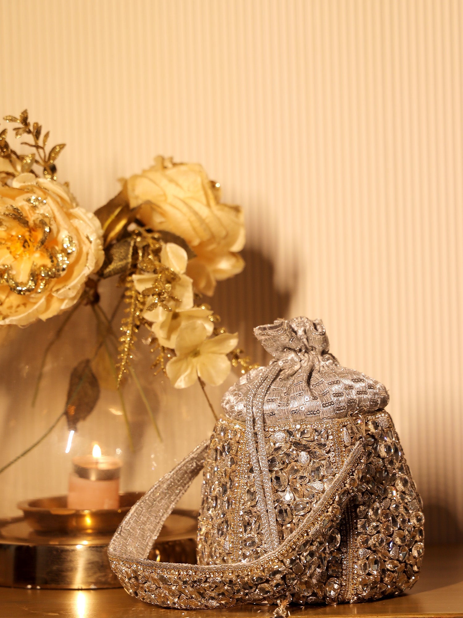 Elea Silver Diamond Work Potli Bag - qivii